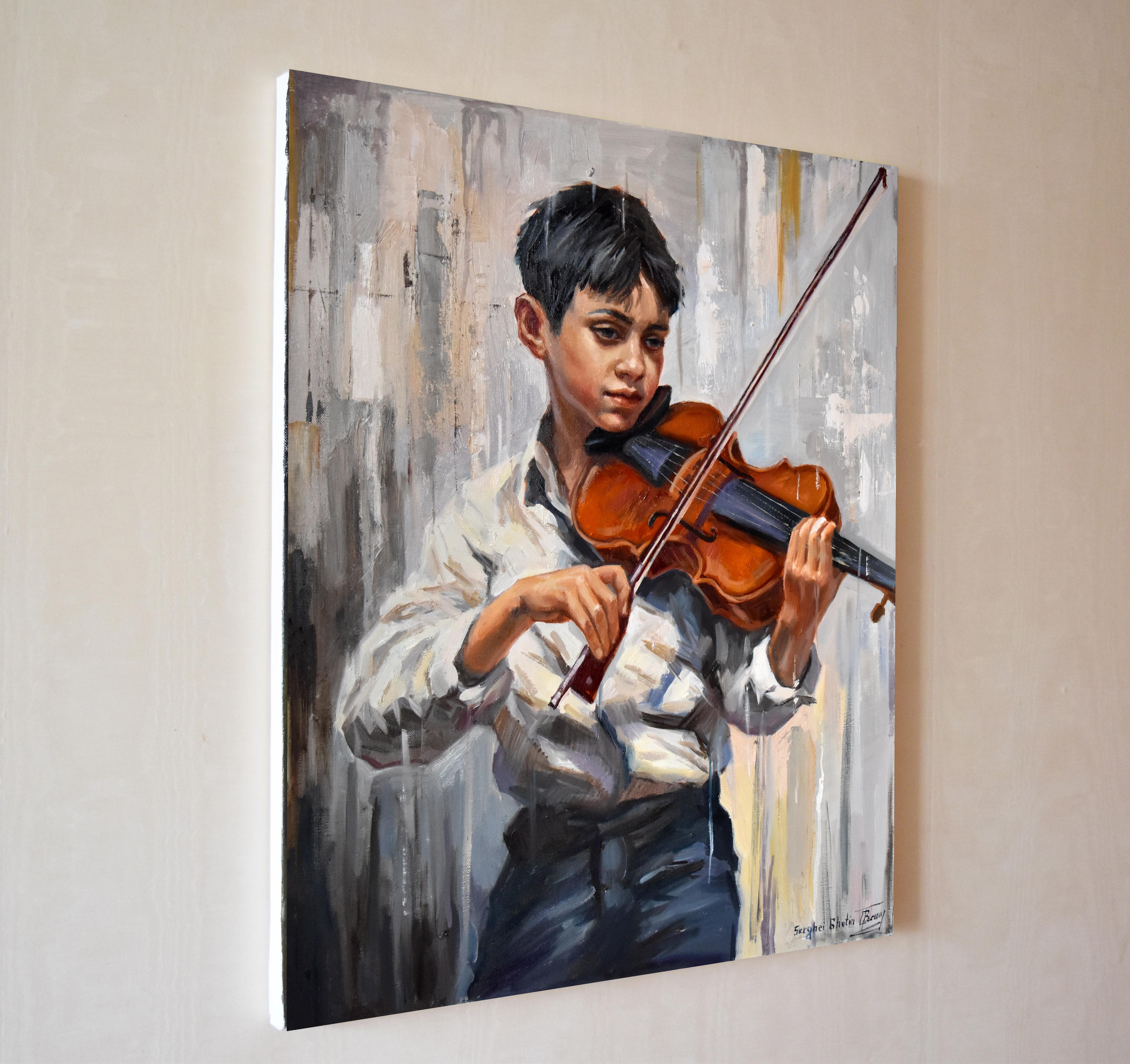 In this oil painting, I captured the profound connection between a young violinist and his music. The blend of figurative art, fine art, impressionism, and realism reflects the emotive synergy of form and melody. Professional paints on linen canvas. 
