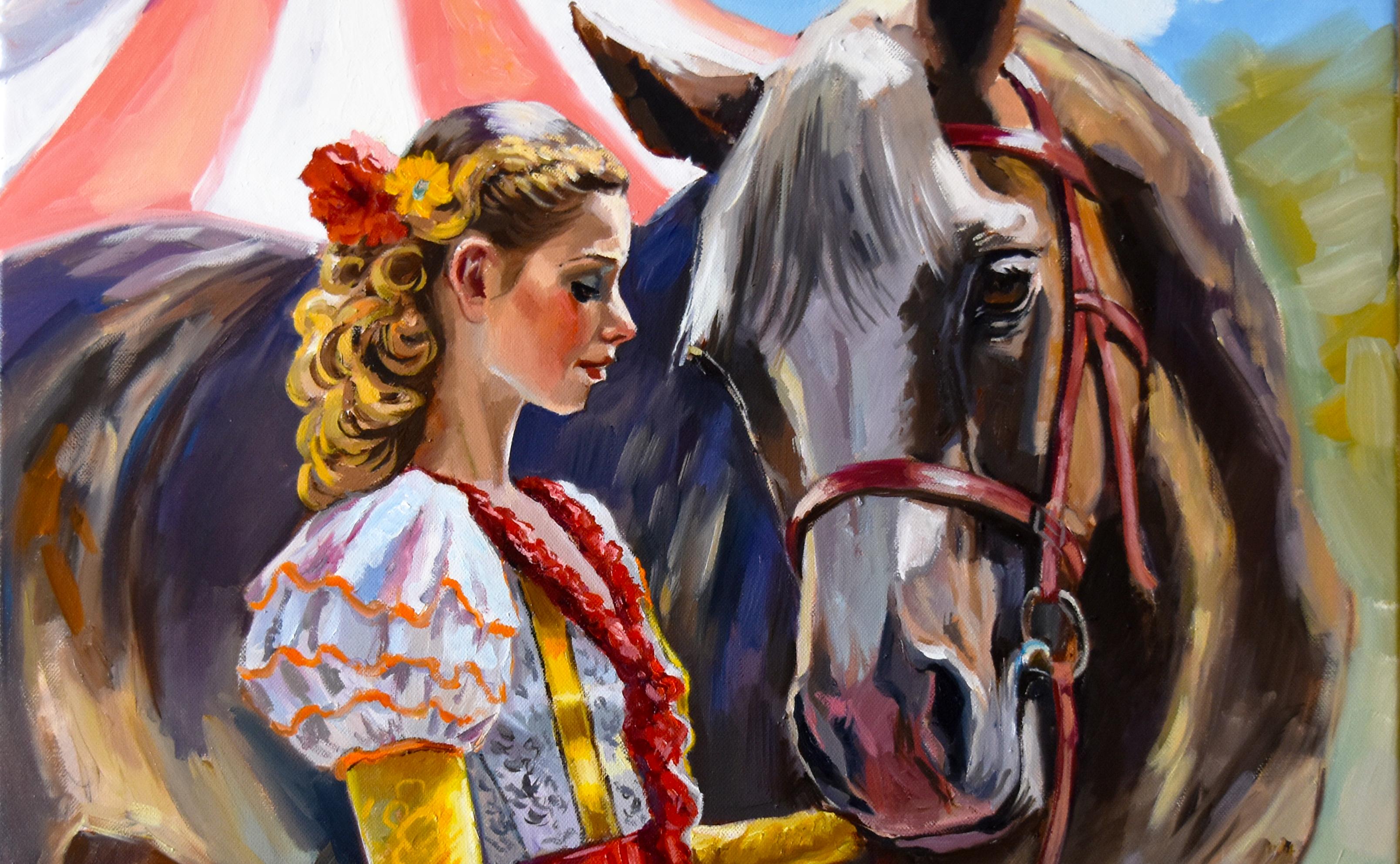 Ein Zirkusmädchen und ihr bester Freund – Painting von Serghei Ghetiu
