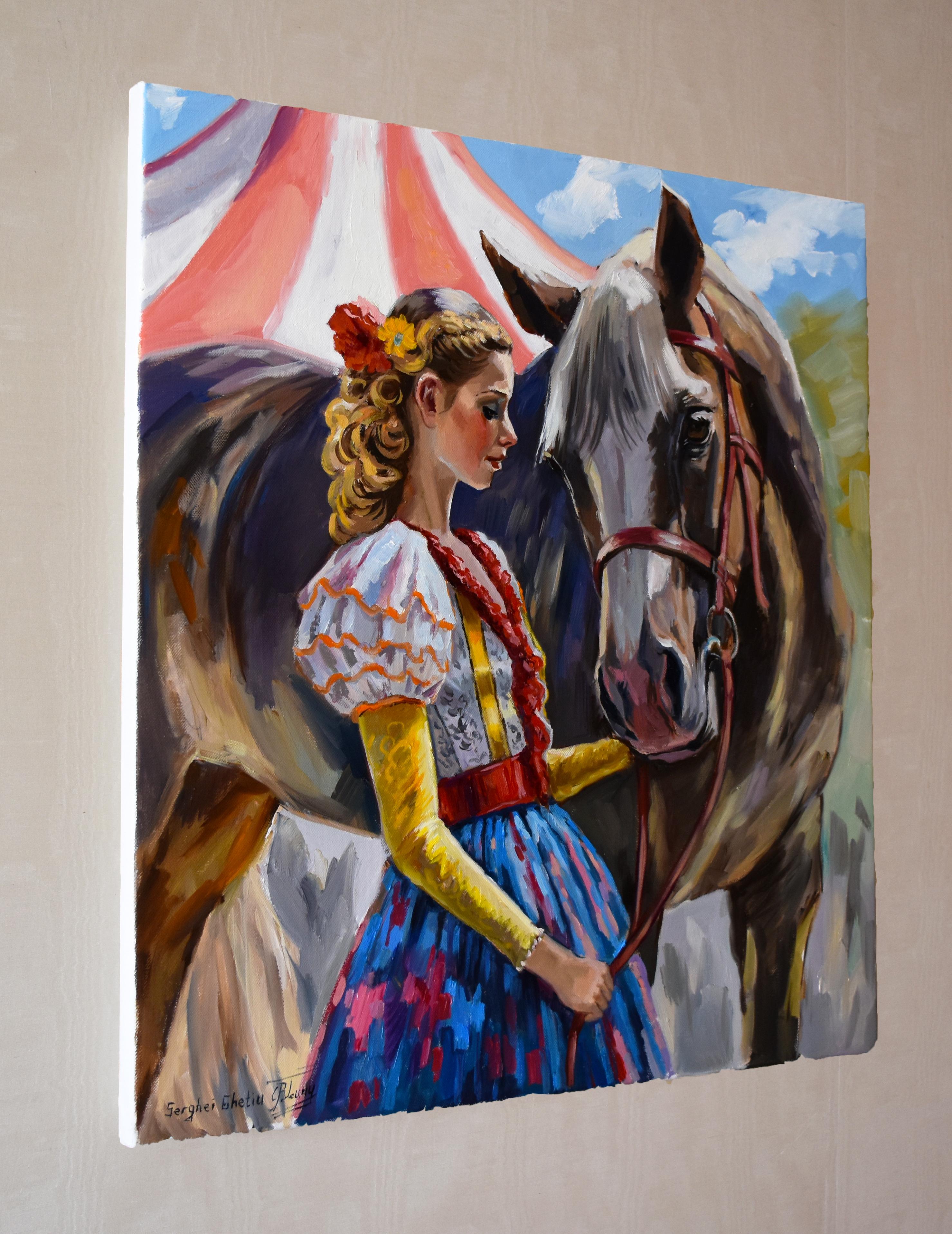 Ein Zirkusmädchen und ihr bester Freund (Braun), Figurative Painting, von Serghei Ghetiu