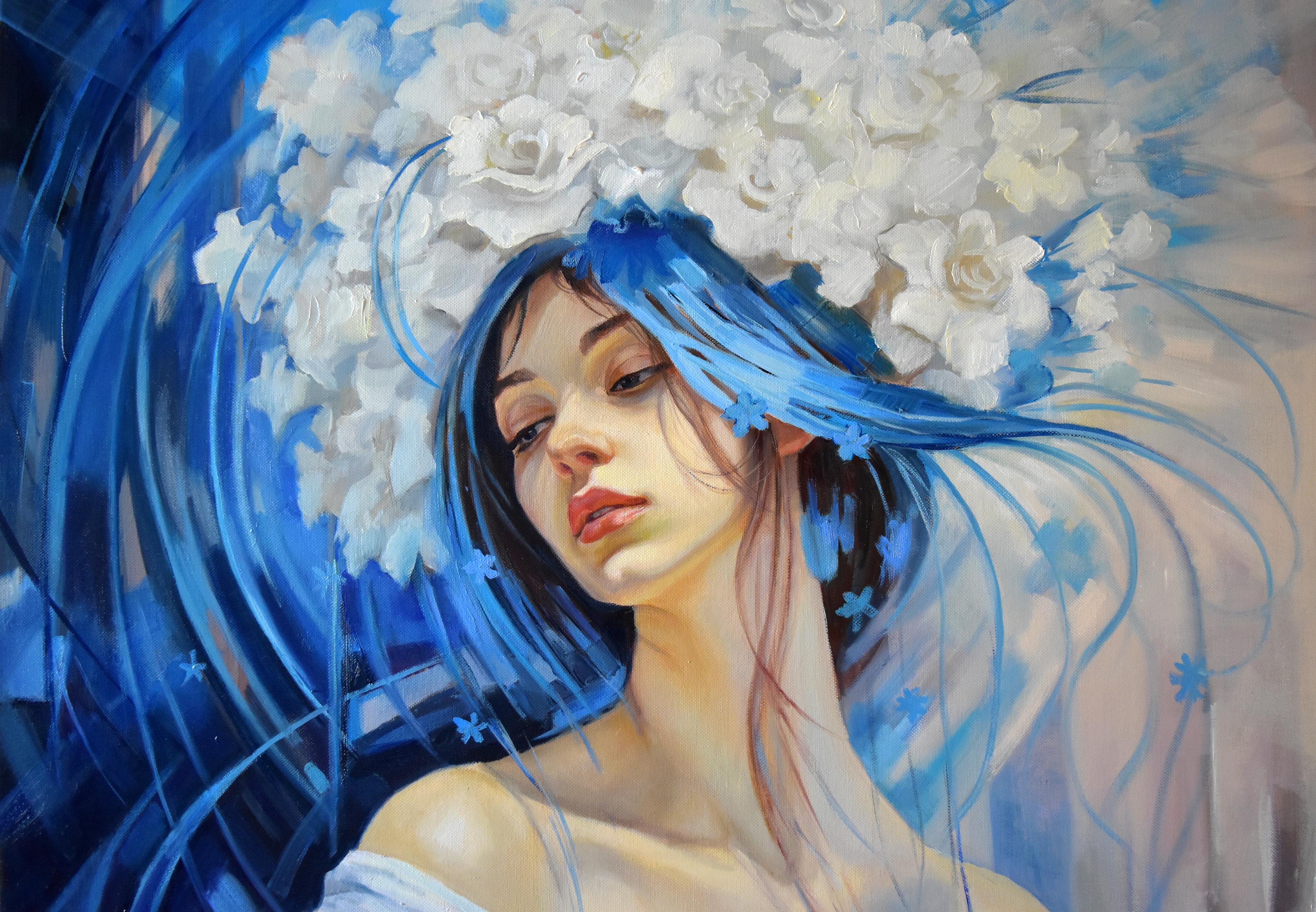 Large contrasting portrait of a fairy Fantasy. A beautiful fantasy woman portrait with abstract background. Original oil painting on linen canvas. Combination of oil paints with acrylic underpainting.