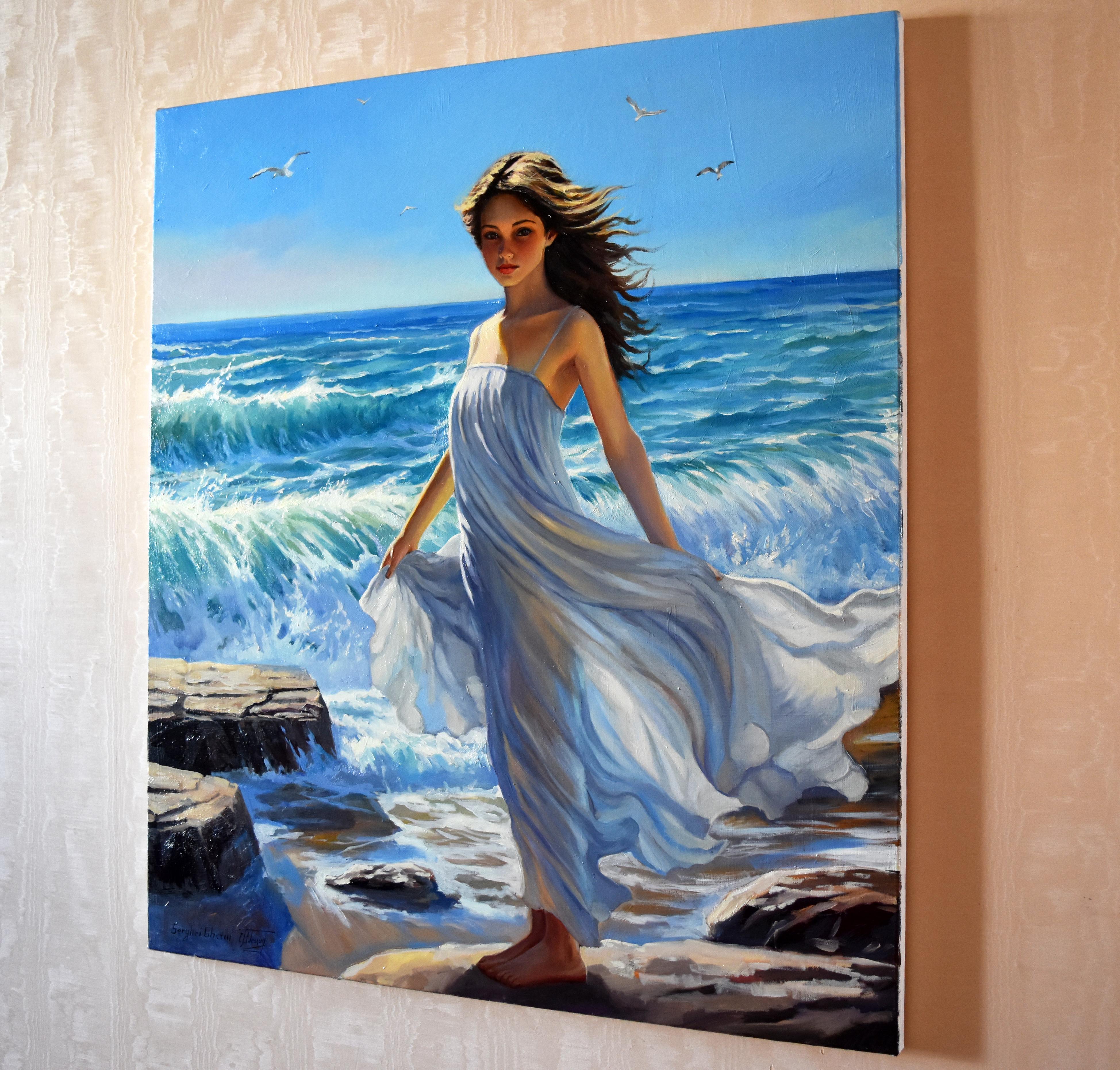 A girl who loves the sea - Realist Painting by Serghei Ghetiu