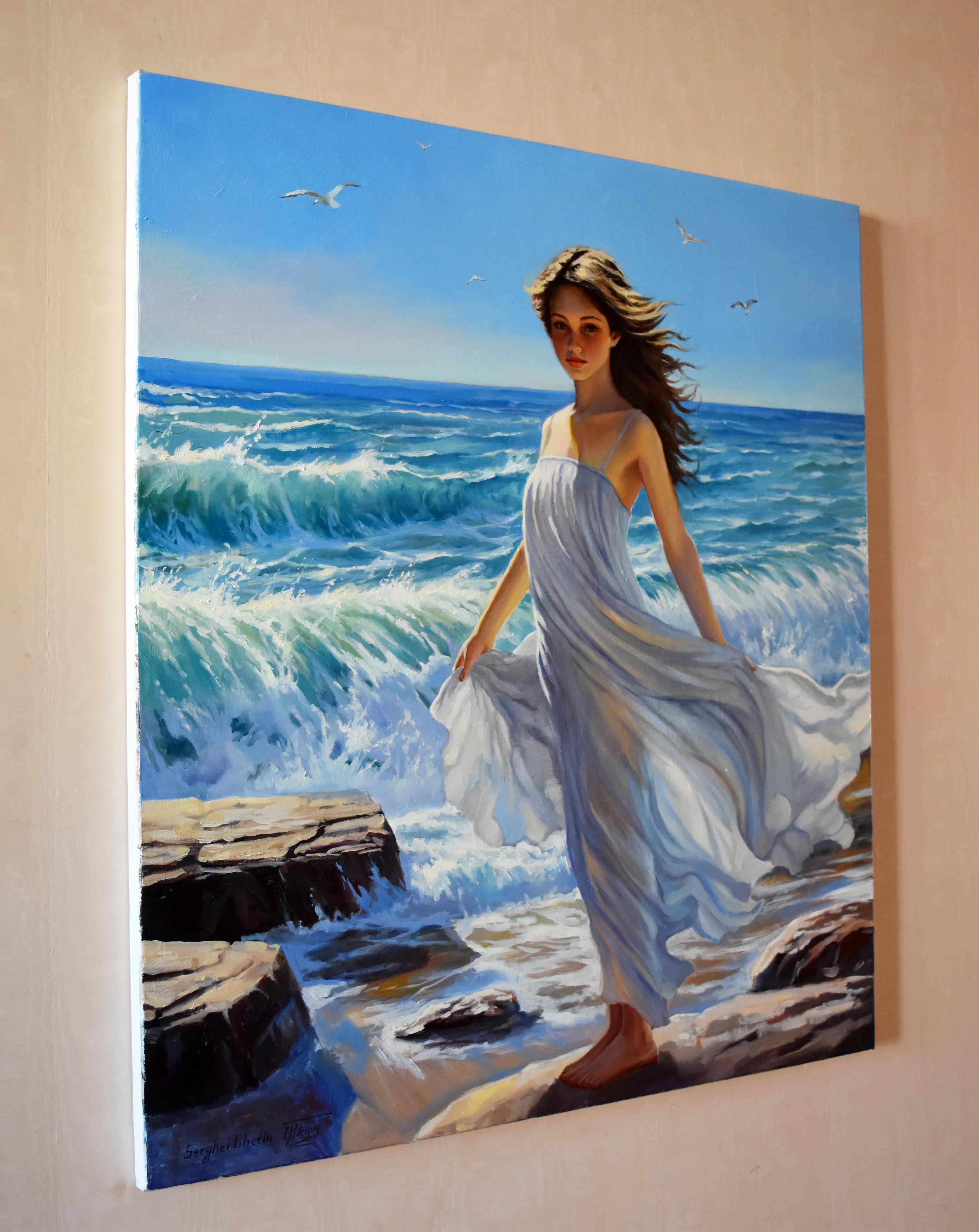 Sunny contrasting girl portrait at the sea coast. The waves crushing and the seagulls flying around. An artwork which brings summer and sea in to your home all year round. Professional paints on linen canvas.