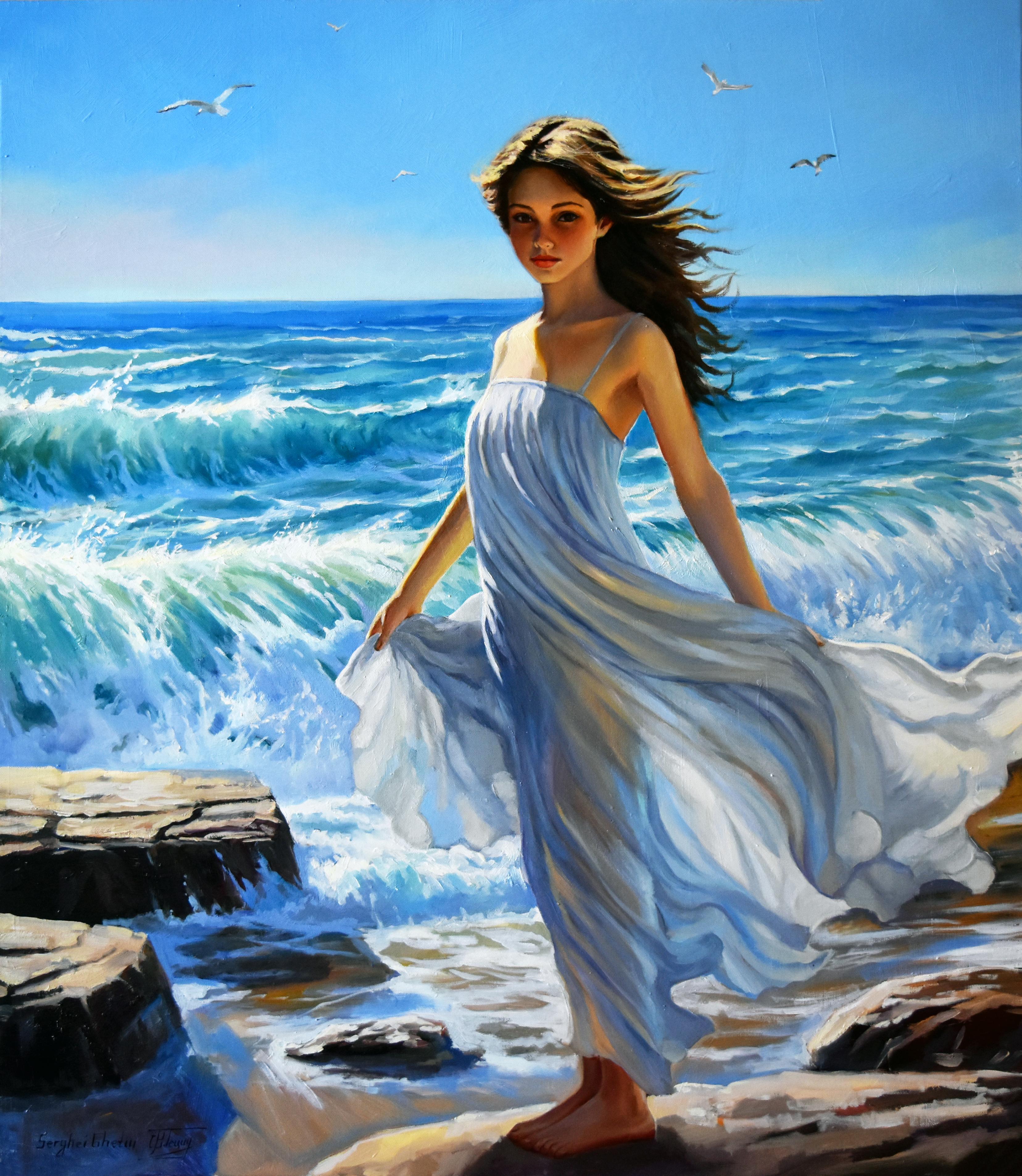 Serghei Ghetiu Figurative Painting - A girl who loves the sea