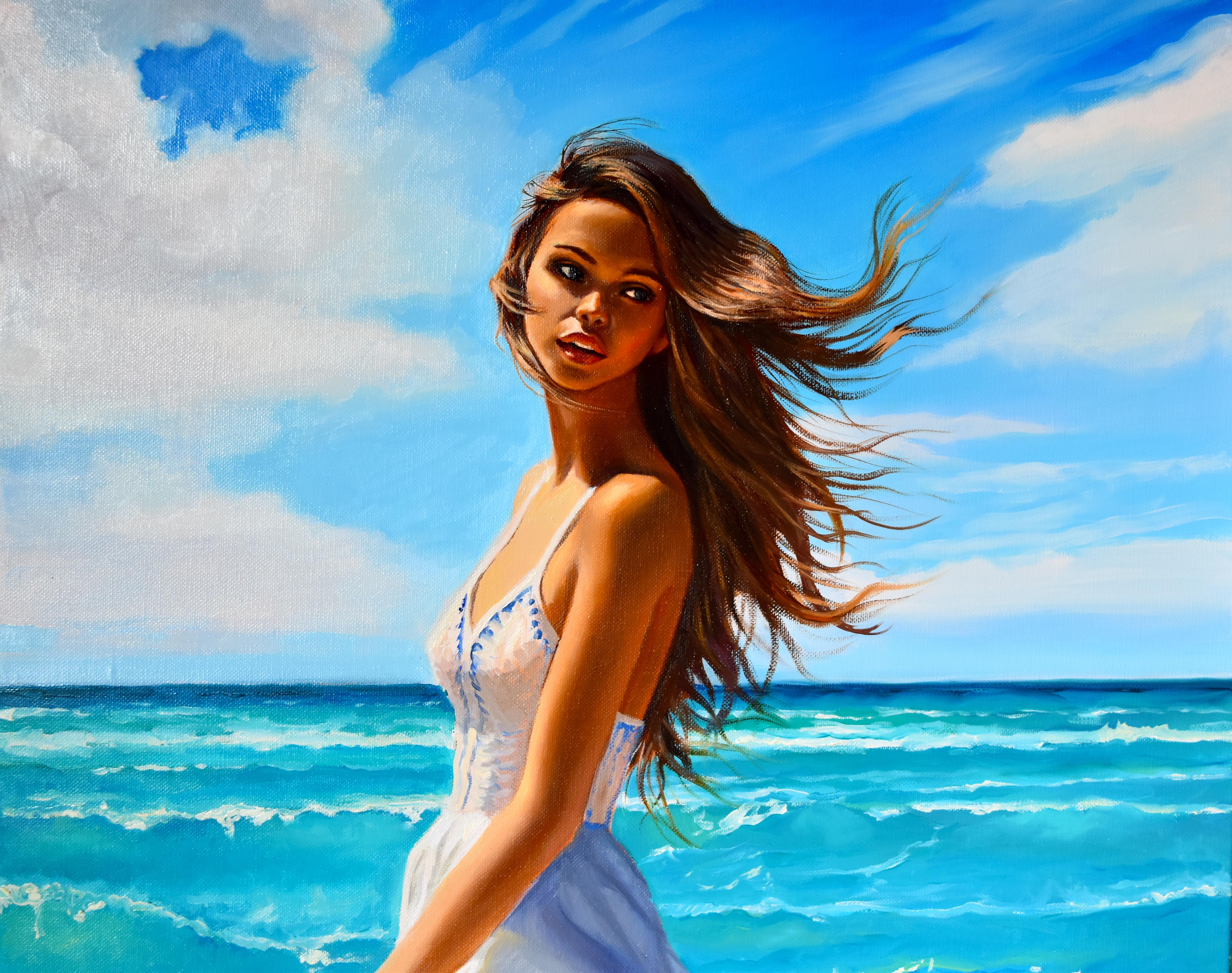 A girl who loves the sea II - American Realist Painting by Serghei Ghetiu