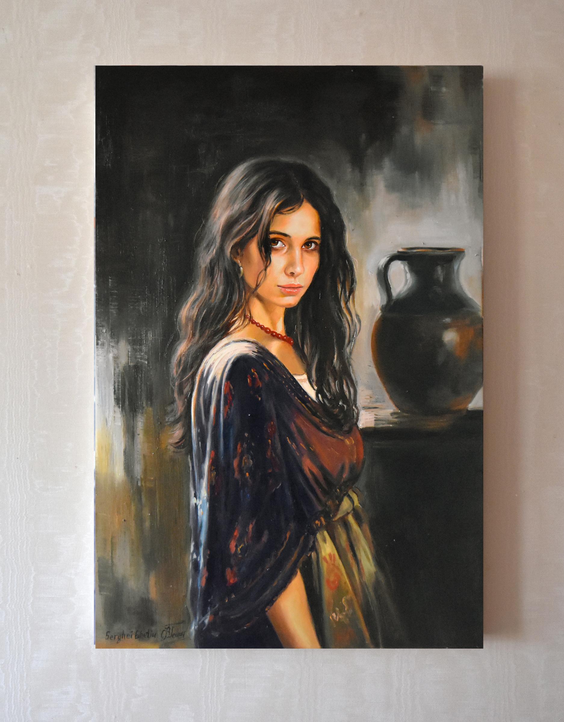 Eine Zigeunerin (Schwarz), Figurative Painting, von Serghei Ghetiu