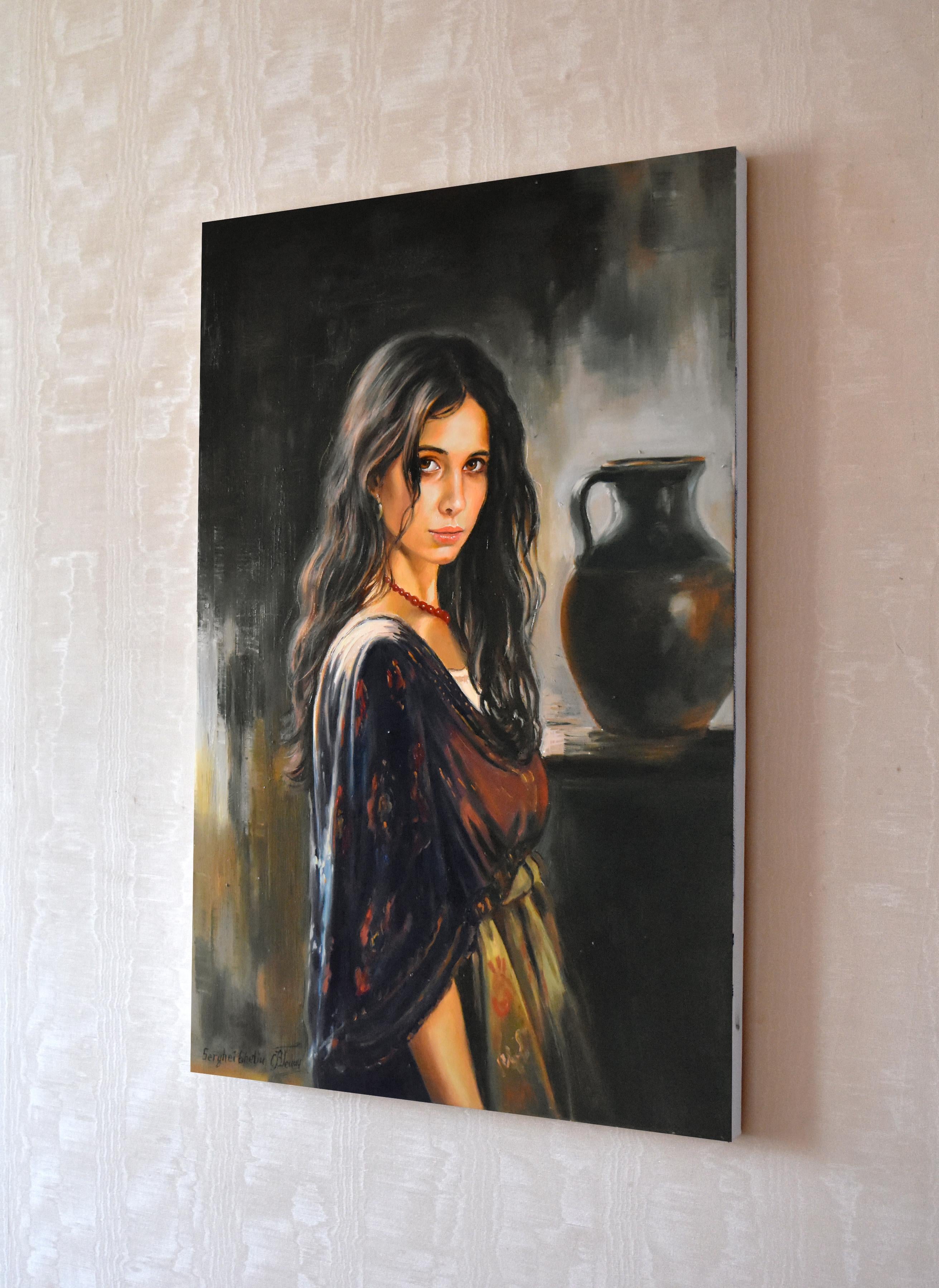 In diesem Gemälde habe ich die Kraft und das Geheimnis ihres Blicks mit ganzer Seele eingefangen. Mit reichhaltigen Ölfarben habe ich versucht, Realismus und Expressionismus zu vereinen und sowohl ihr inneres Feuer als auch ihre zarte
