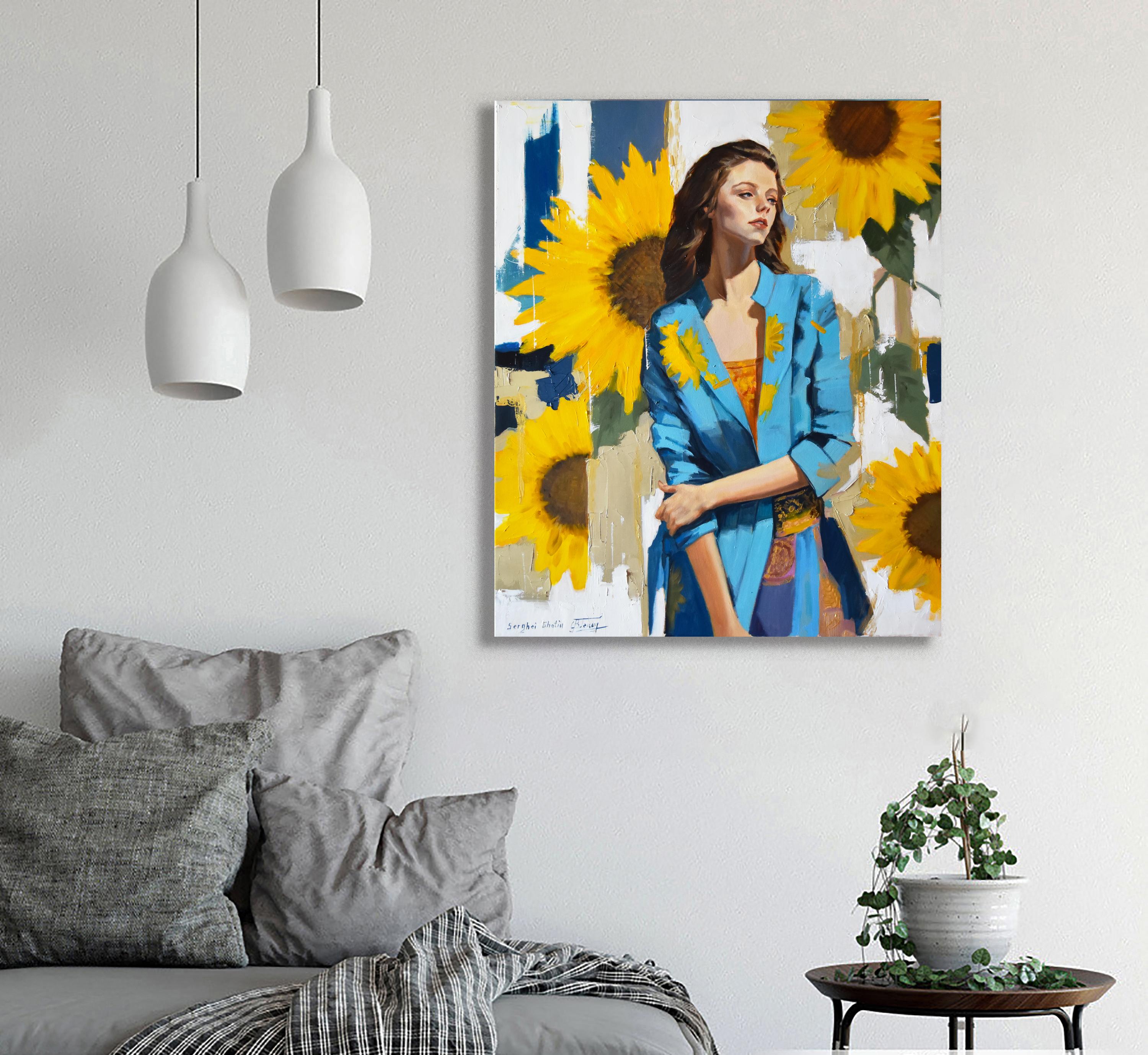 A portrait with sunflowers - Painting by Serghei Ghetiu