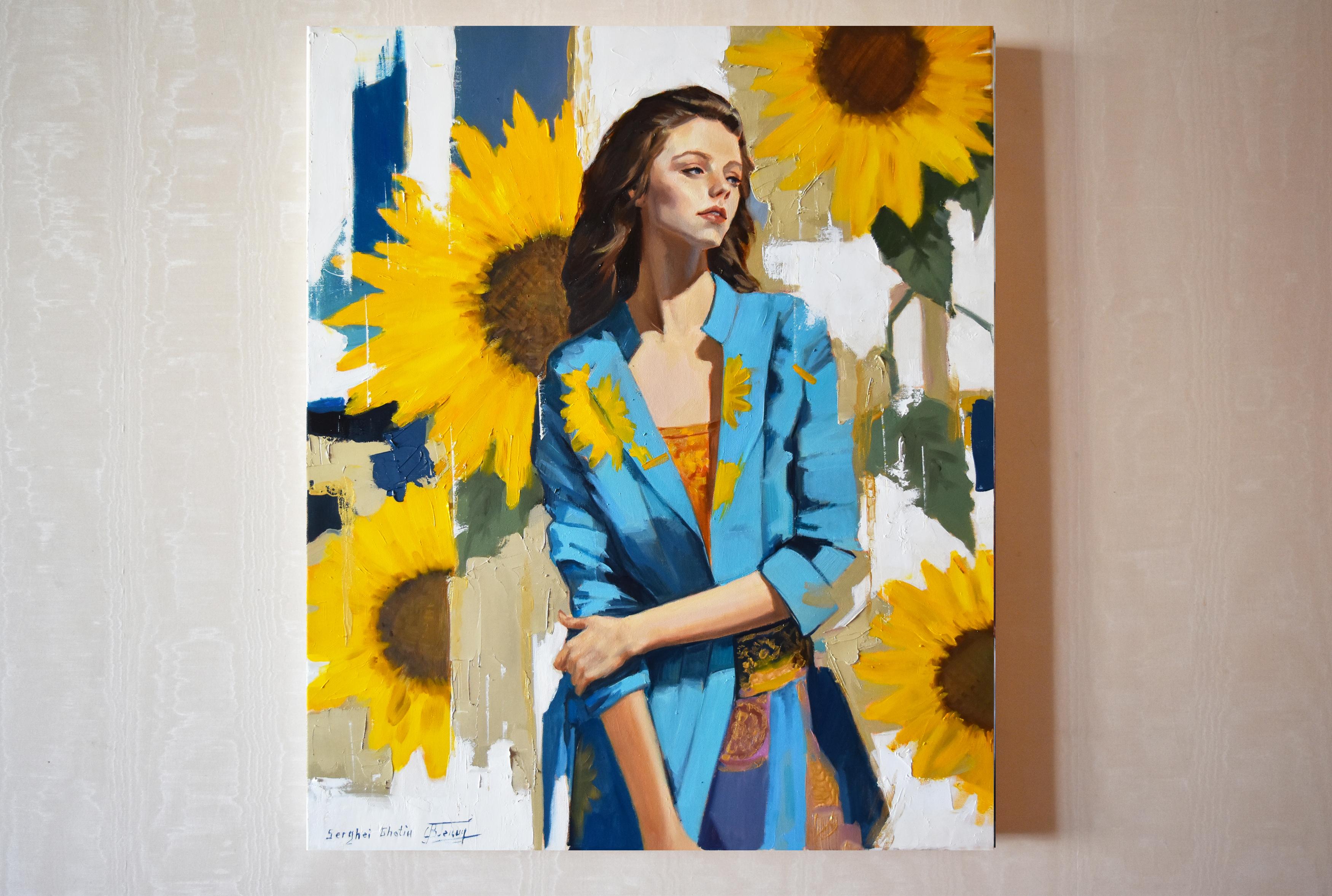 A portrait with sunflowers - Realist Painting by Serghei Ghetiu