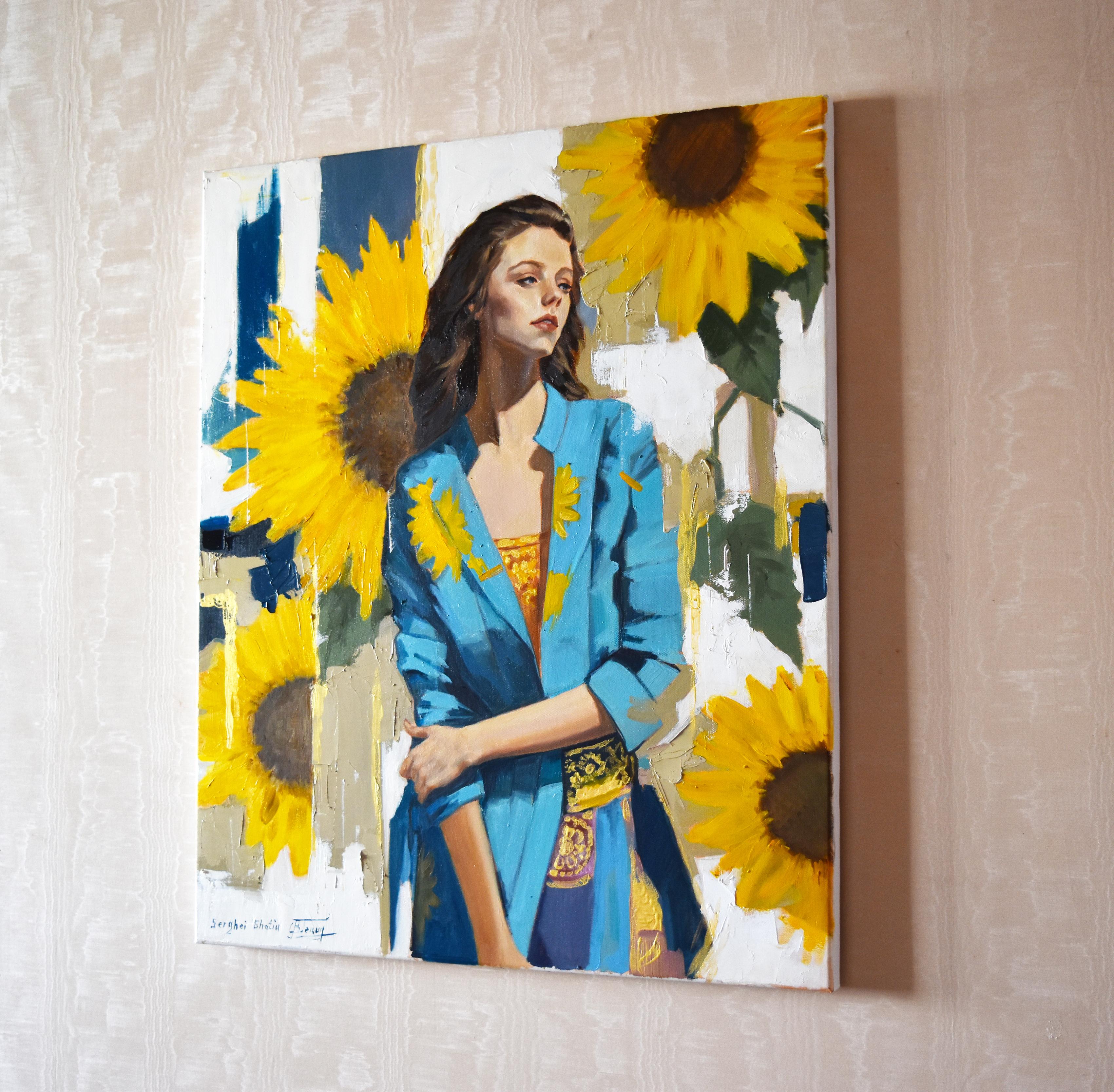 A portrait with sunflowers - Brown Figurative Painting by Serghei Ghetiu