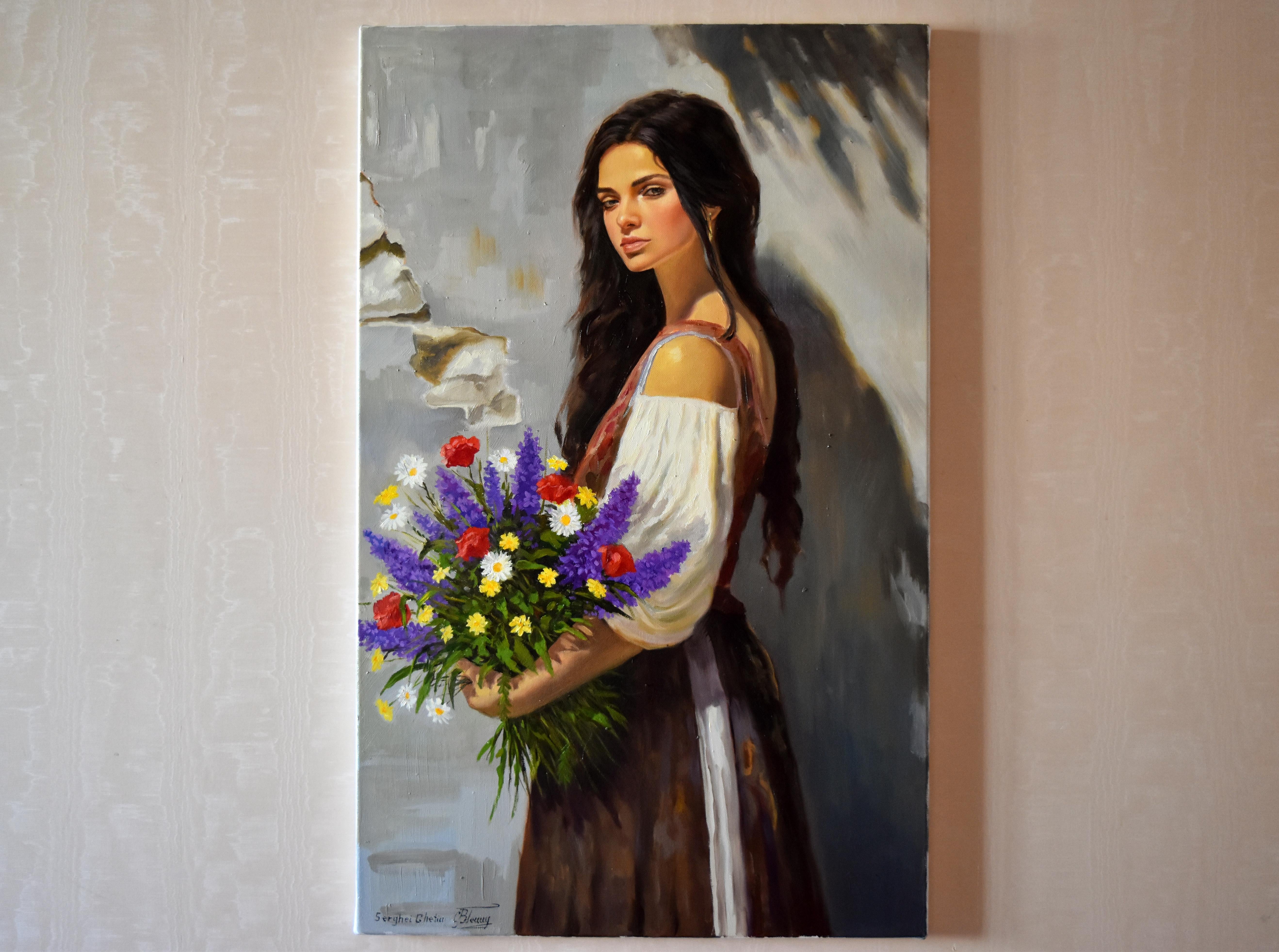 A portrait with wild flowers - Painting by Serghei Ghetiu
