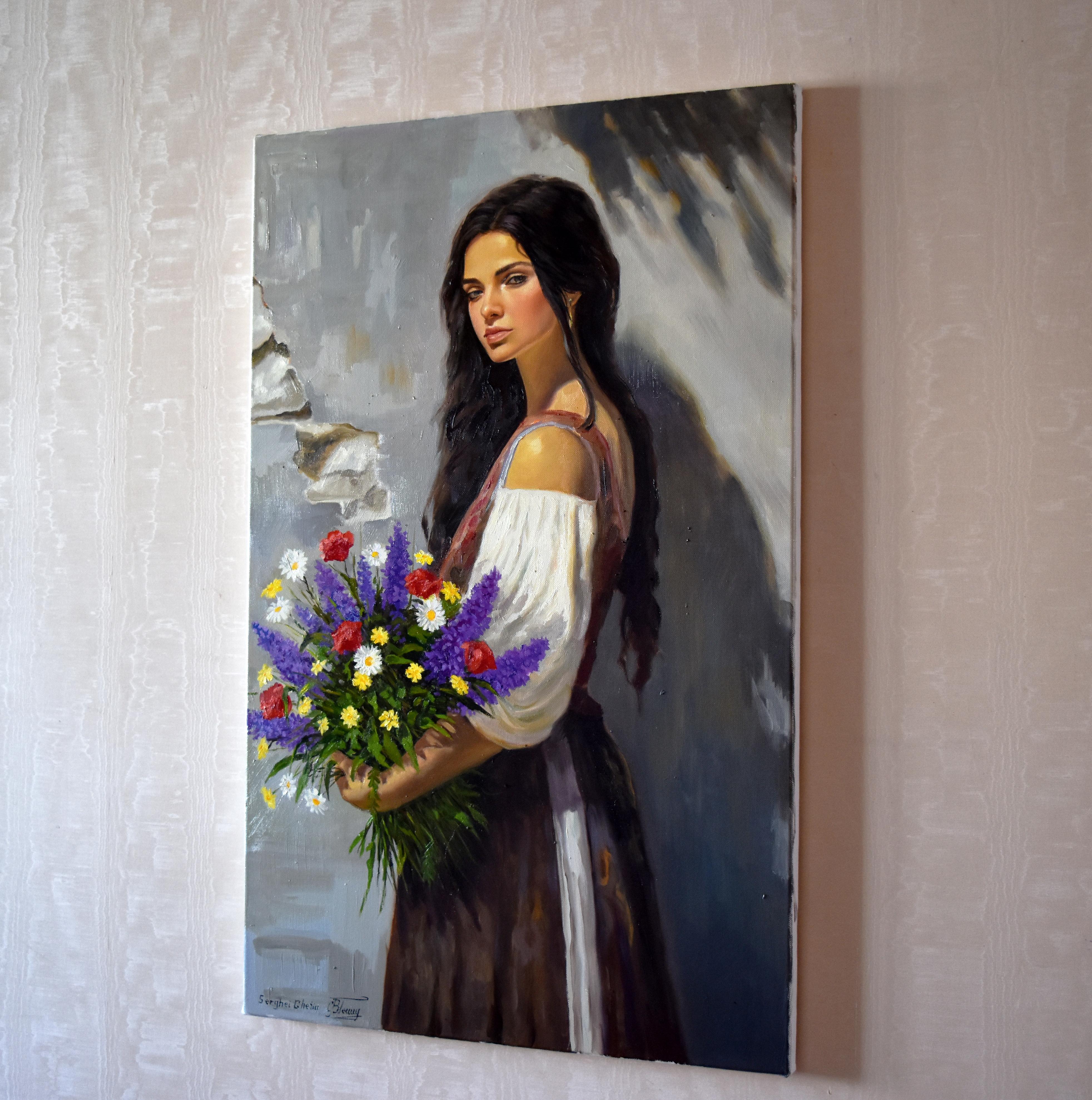 A portrait with wild flowers - Realist Painting by Serghei Ghetiu