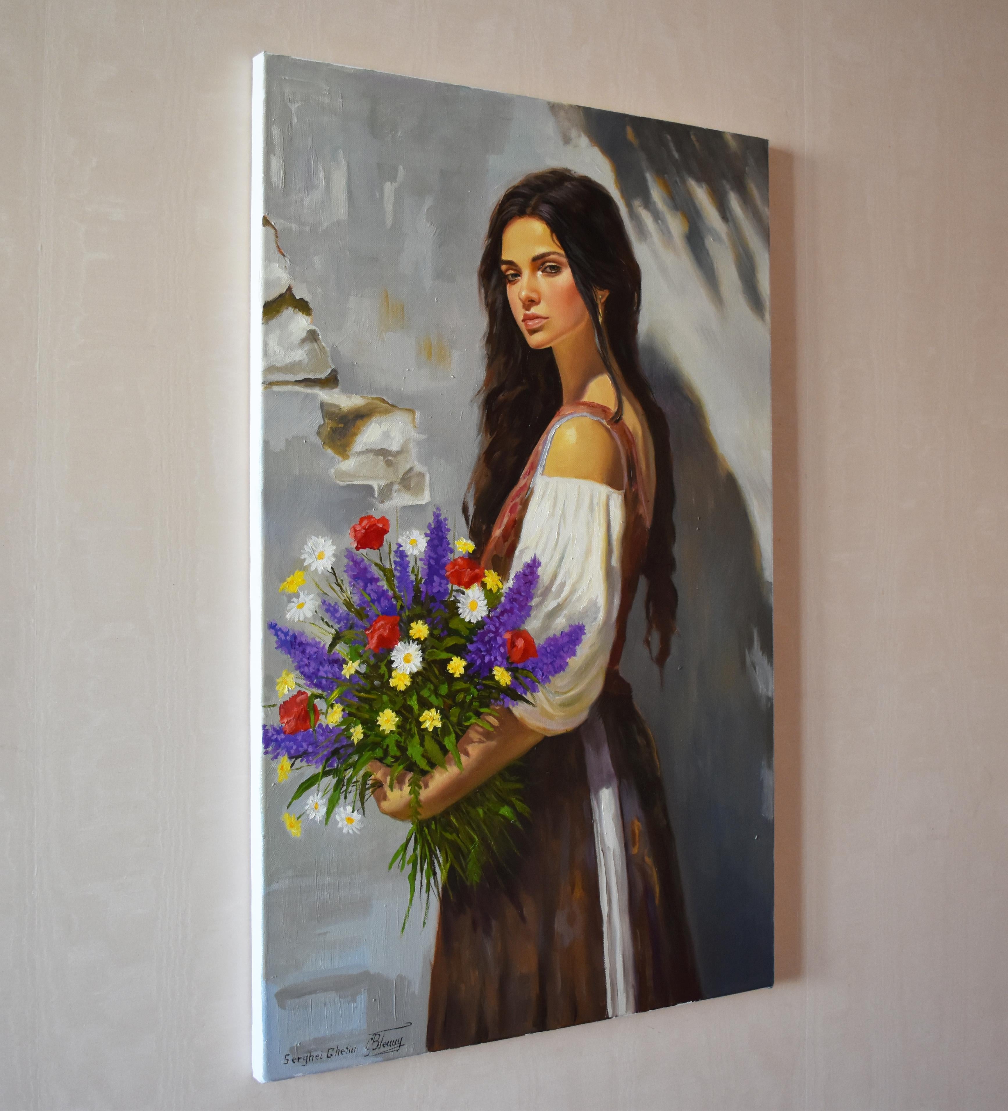 Ein Porträt mit Wildblumen (Schwarz), Figurative Painting, von Serghei Ghetiu