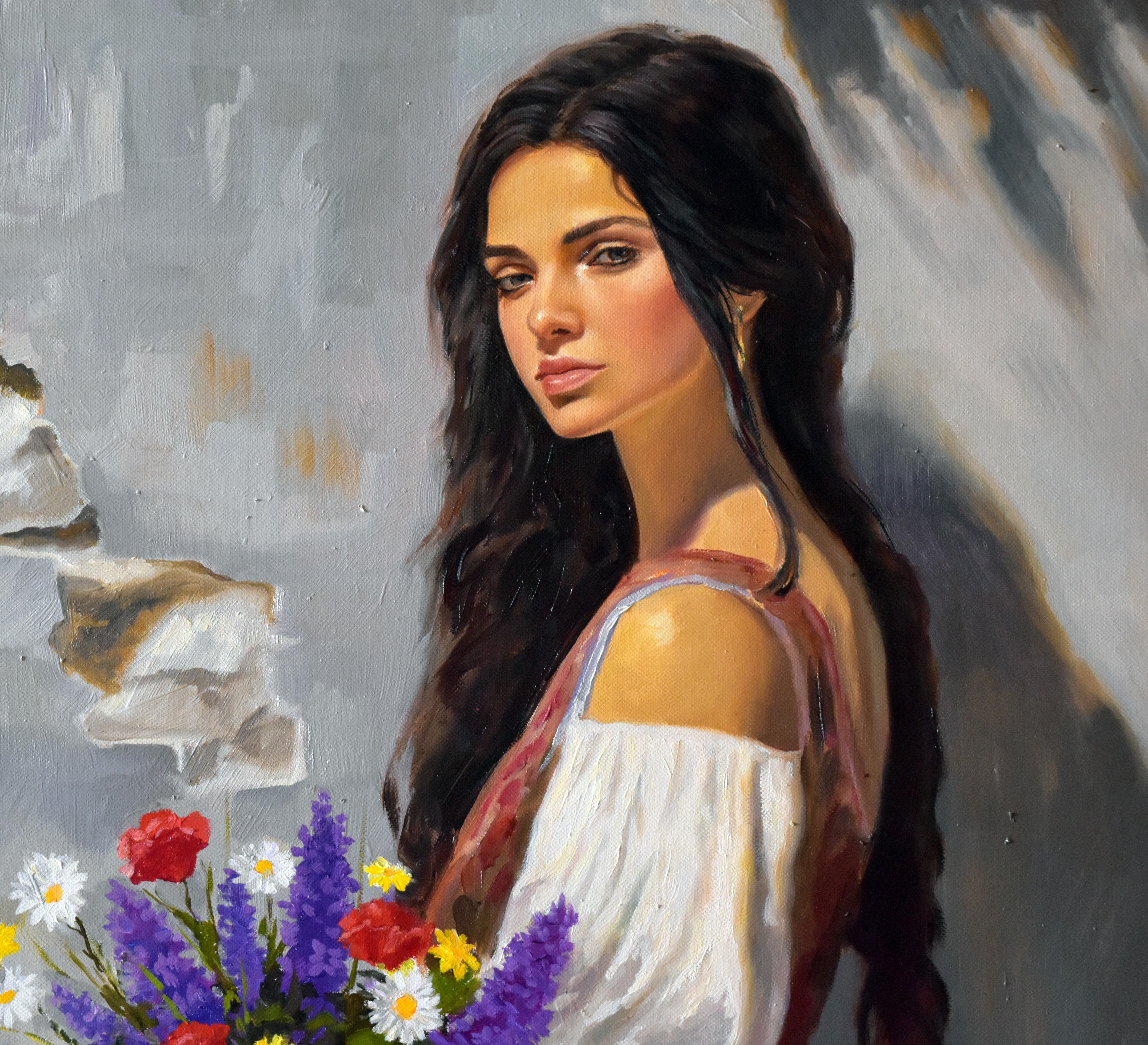 In diesem Ölgemälde habe ich mich auf den zarten Tanz von Licht und Schatten eingelassen und die heitere Schönheit einer Frau eingefangen, die einen Strauß Wildblumen hält. Jeder Strich spiegelt einen Moment der Ruhe und die tiefe Verbindung