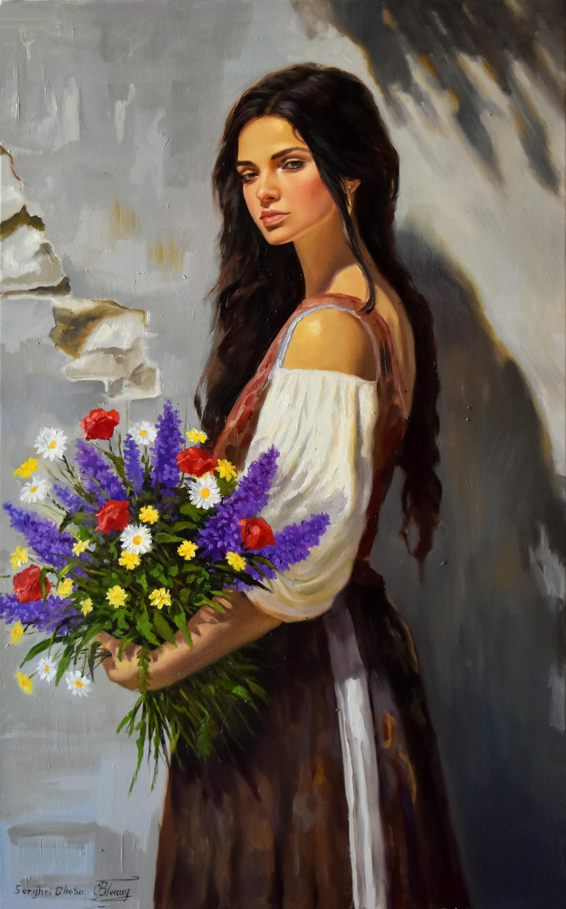 Serghei Ghetiu Figurative Painting - A portrait with wild flowers