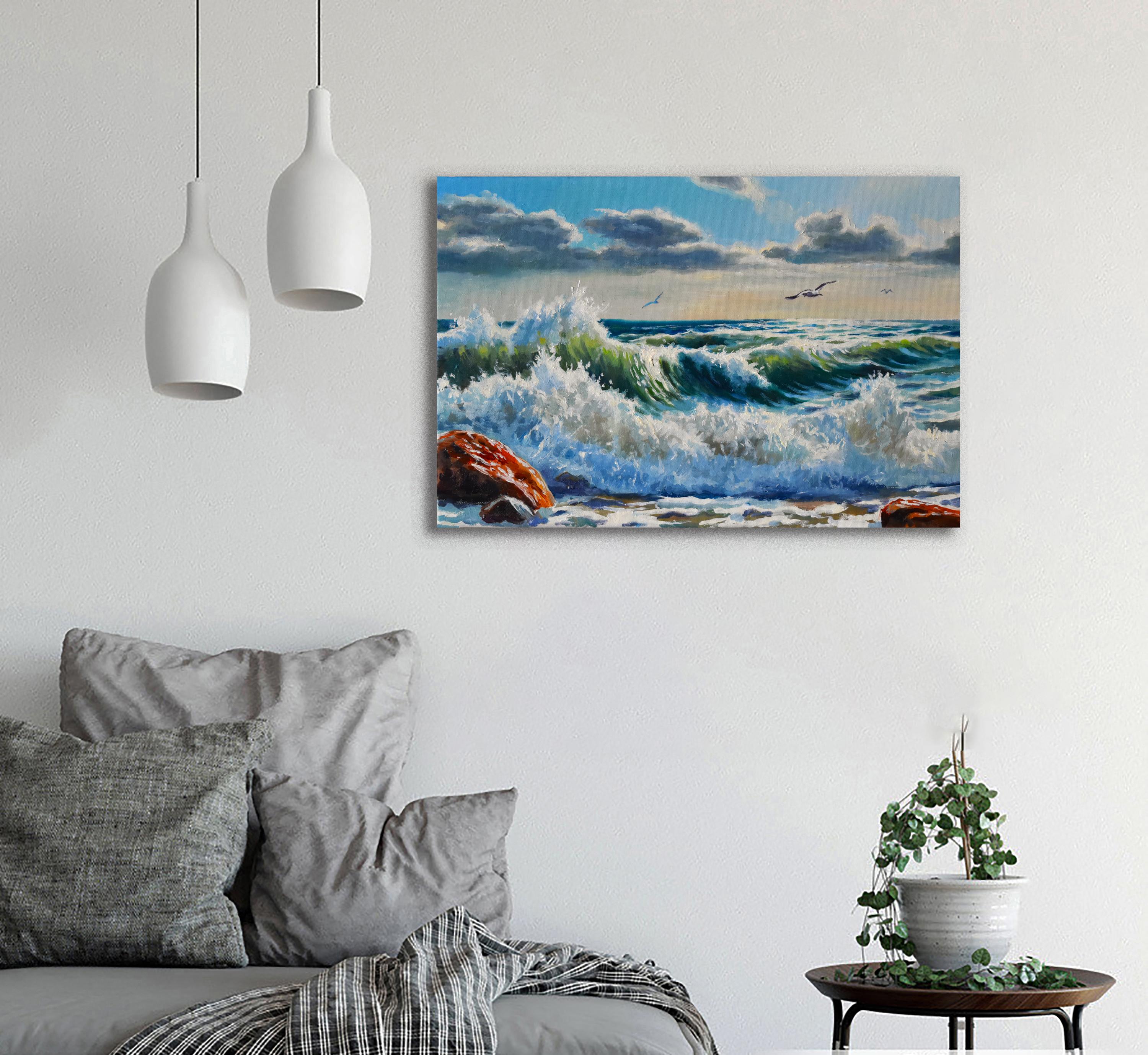 Un paisaje marino con olas aplastantes - Painting de Serghei Ghetiu