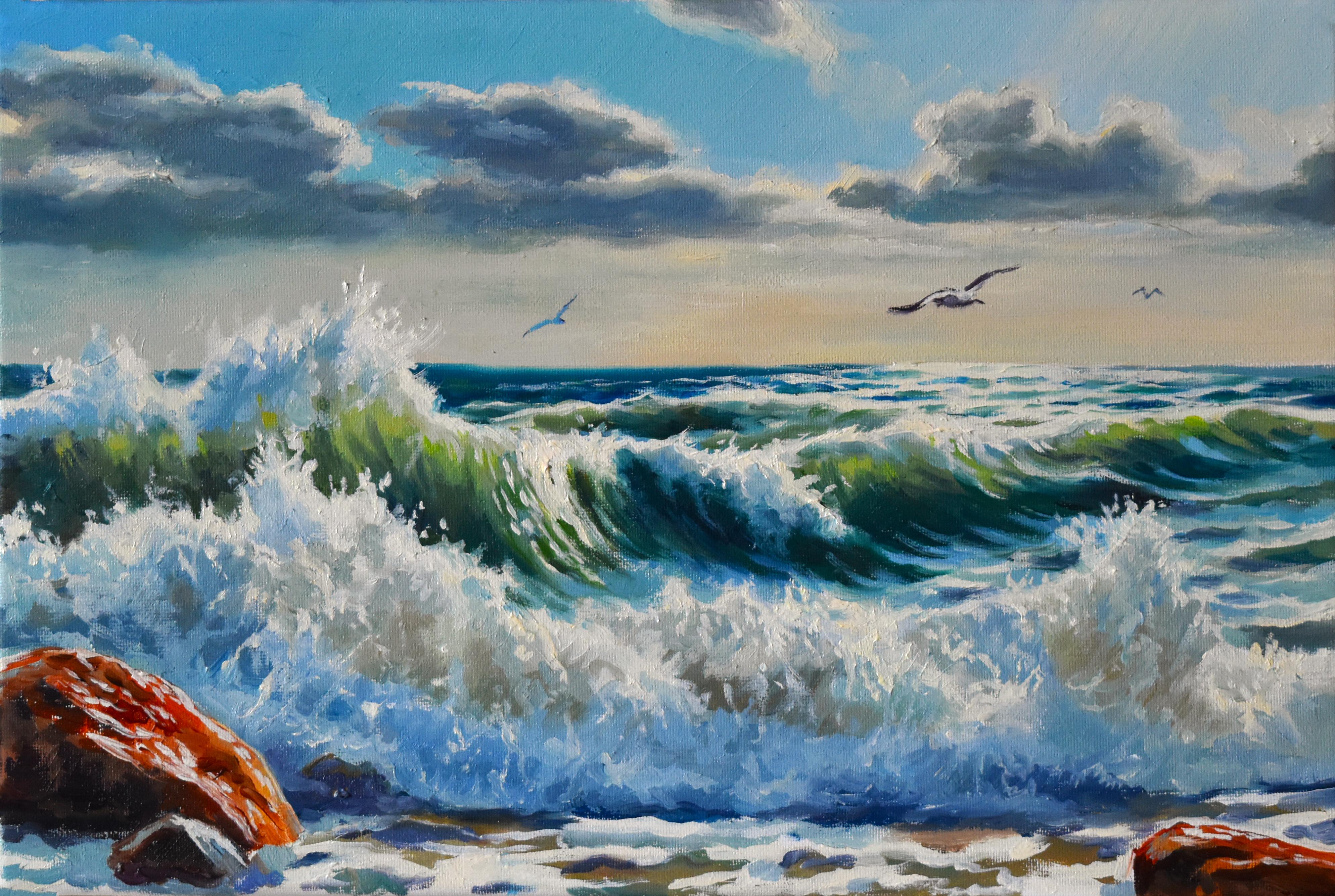 Un paisaje marino con olas aplastantes - Landscape Painting Gris de Serghei Ghetiu