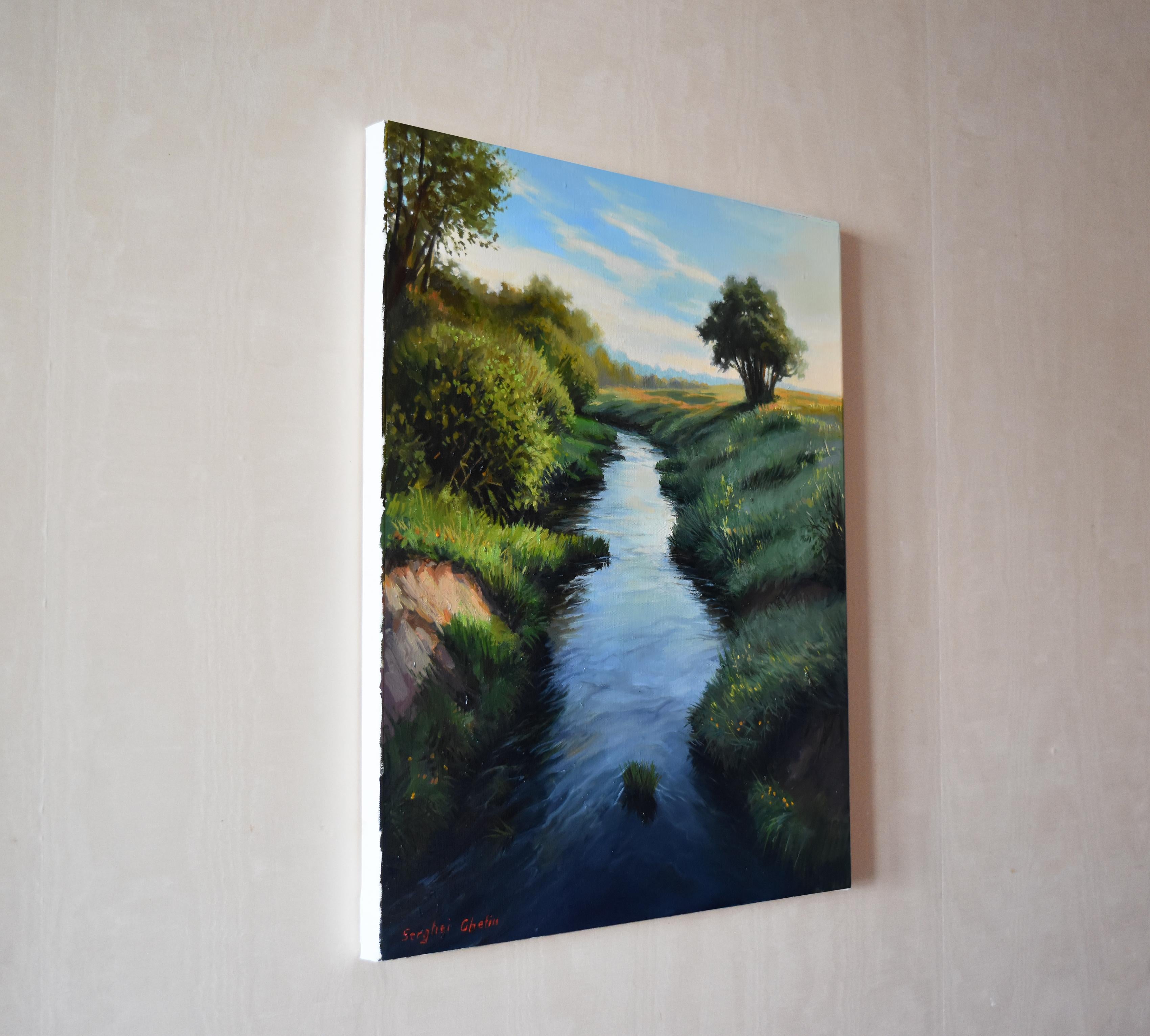 Al pintar este óleo, me sumergí en la belleza de una tranquila escena fluvial, capturando el suave juego de luces y sombras. Mi objetivo era transmitir la atmósfera serena de un atardecer de principios de verano, donde la suave corriente refleja los