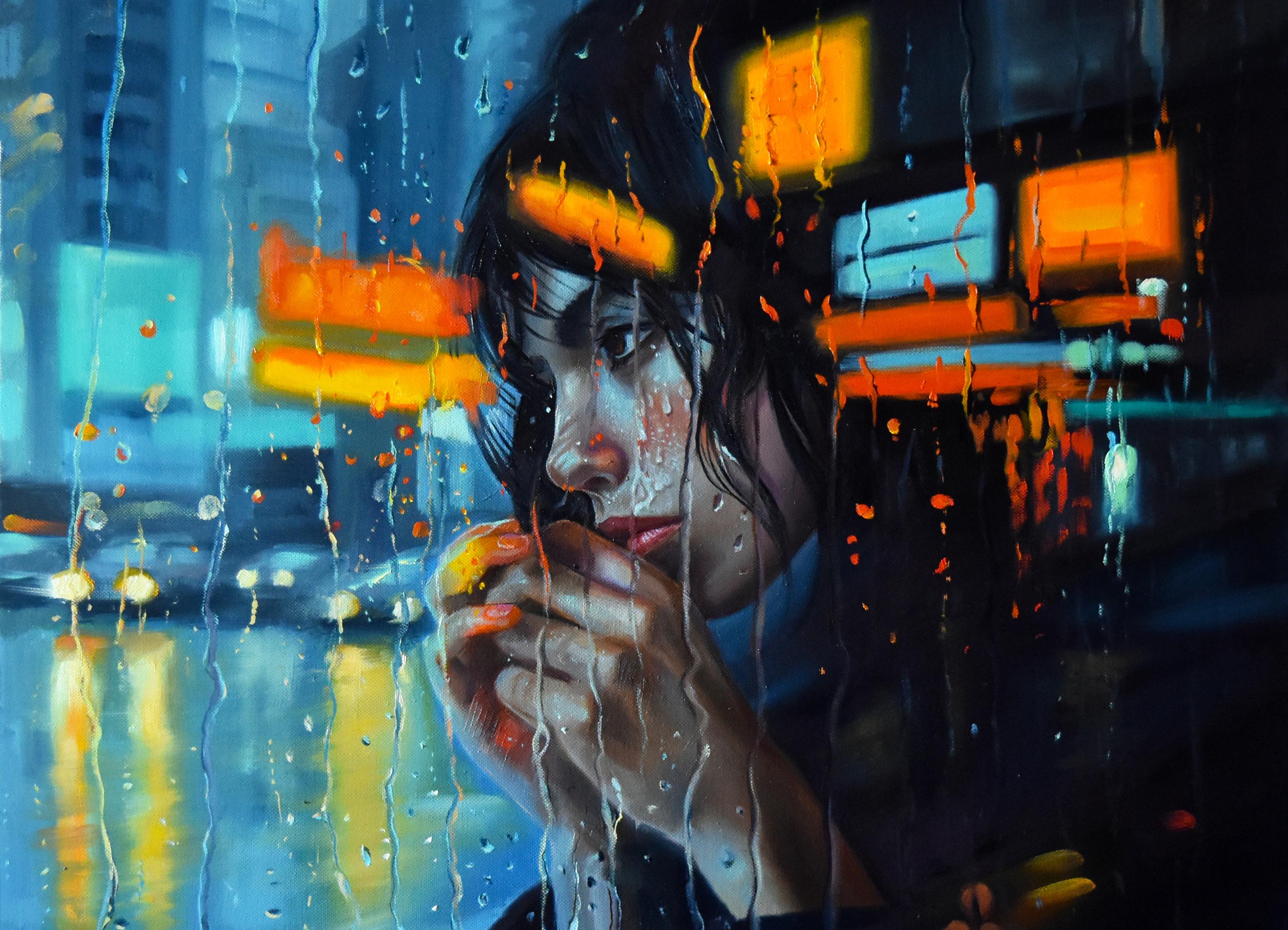 A wet November - Photorealist Painting by Serghei Ghetiu