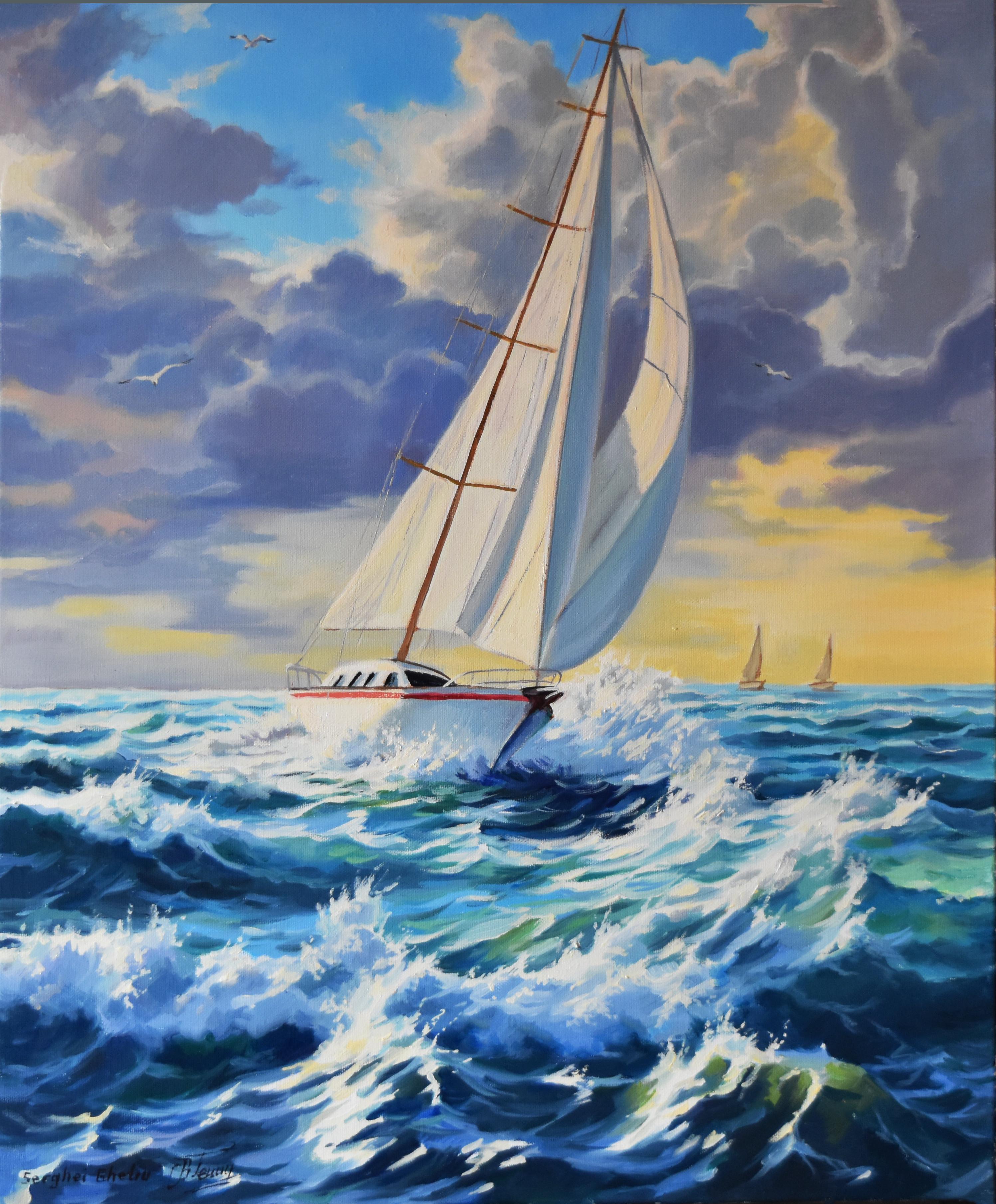 Figurative Painting di Serghei Ghetiu - Contro il vento del mare IIV