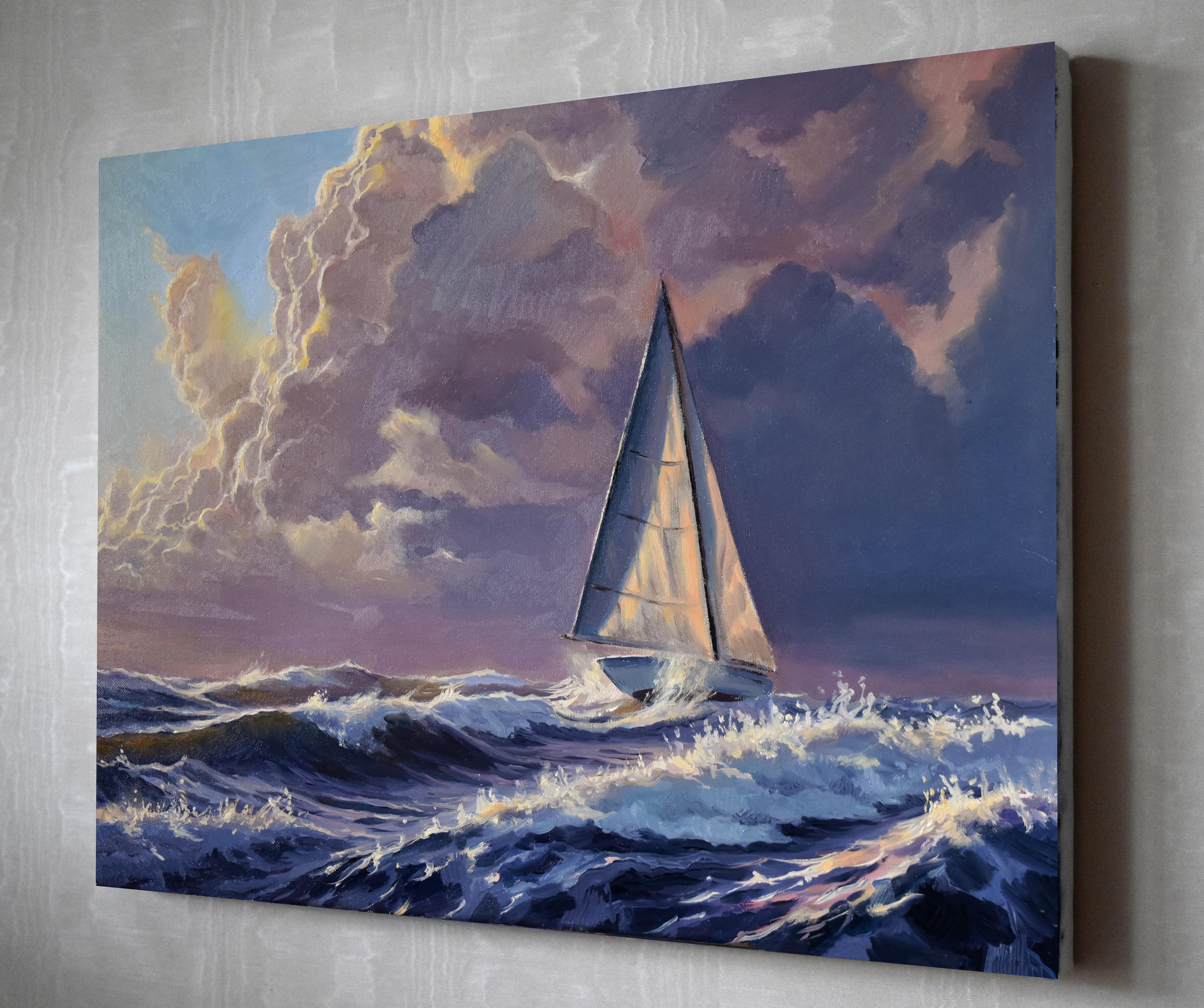 In this oil painting, I've mingled the strokes of impressionism with realism to capture not just a scene, but an emotion. The sailboat against the tempestuous sea speaks to the courage within us, facing life's tumultuous moments with grace. The