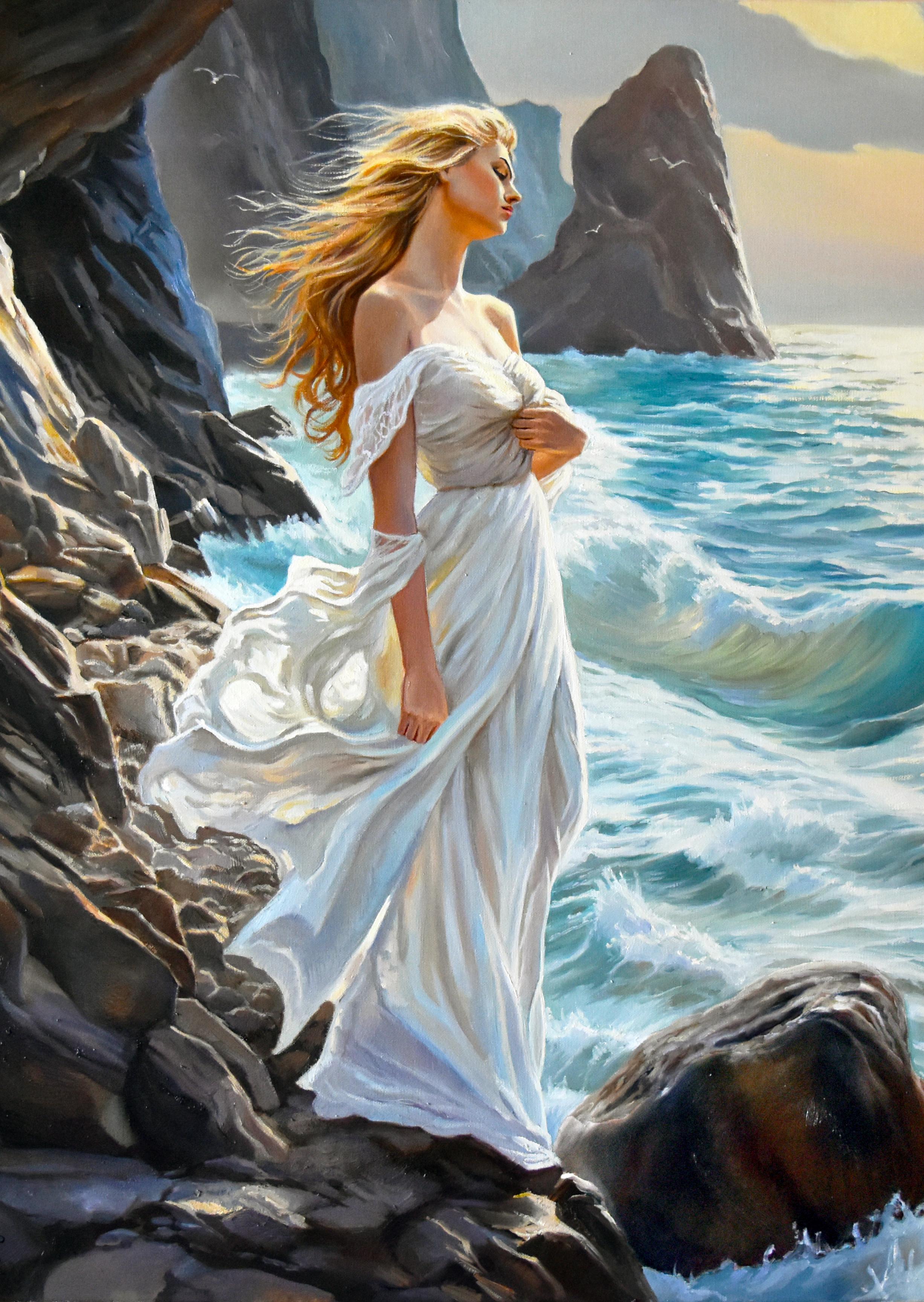 In questo dipinto a olio ho catturato l'essenza serena e dinamica della natura accostata a una figura che incarna grazia e libertà. Mi sono ispirata alla potente tranquillità del mare e alla maestosa forza delle scogliere rocciose. Il mio intento è