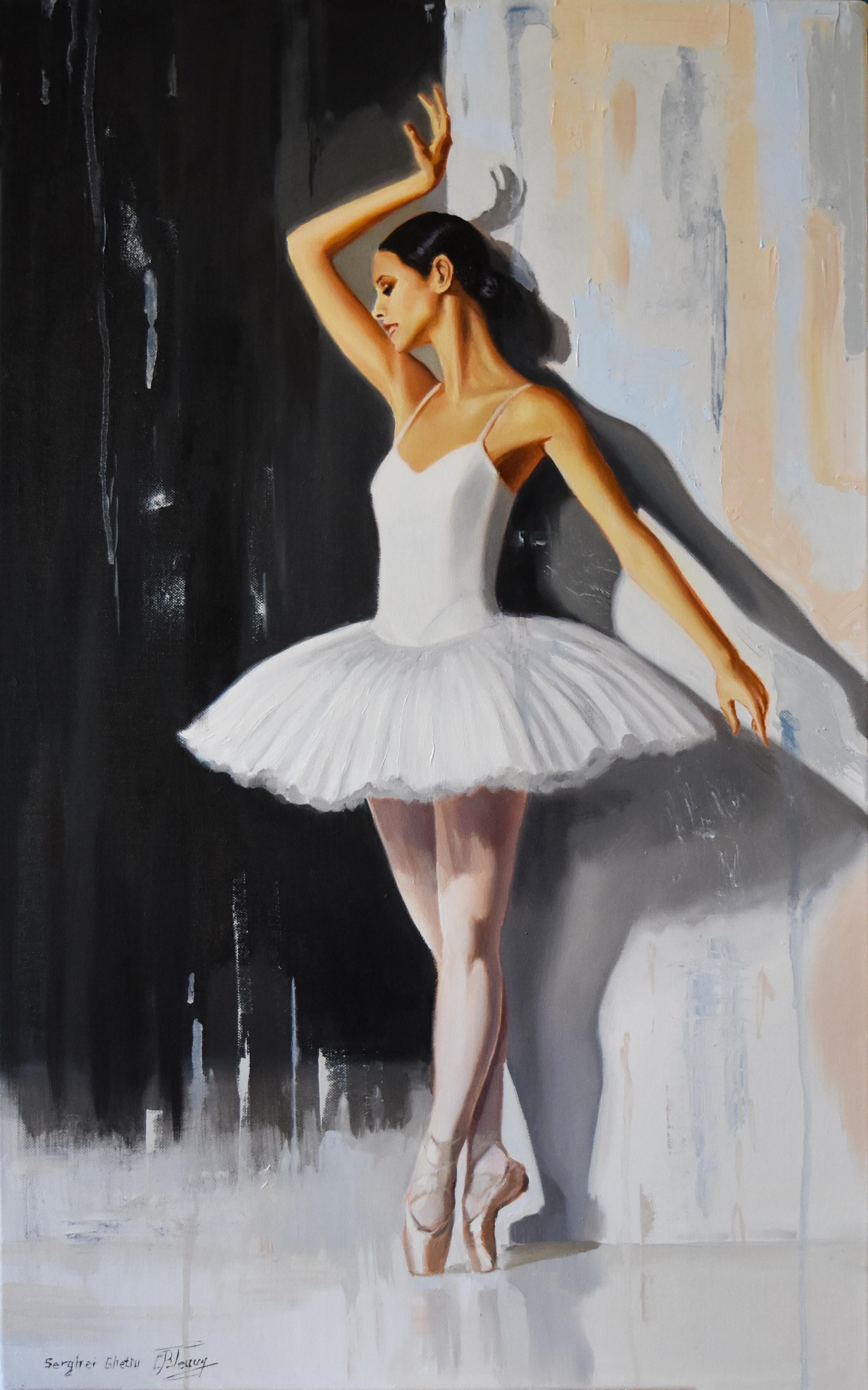 Ballerina un cigno bianco - Figurative Painting Grigio di Serghei Ghetiu
