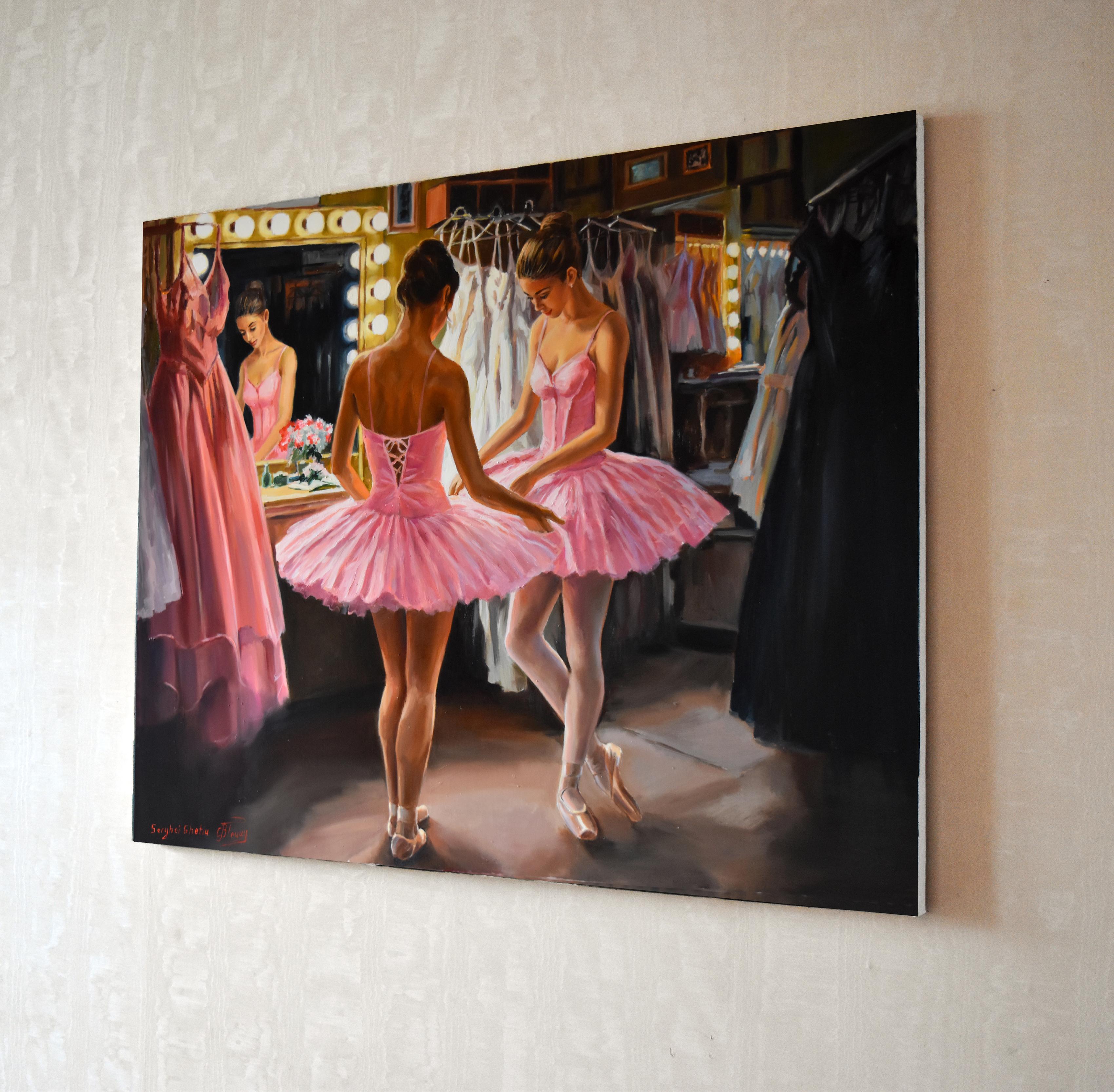 In diesem Stück habe ich die ruhigen, zärtlichen Momente vor der Aufführung eingefangen, in denen sich Vorfreude und Anmut wunderbar verbinden. Mit Öl brachte ich Wärme und Leben in die zartrosa Tutus der Tänzerinnen und in die sanfte Beleuchtung,