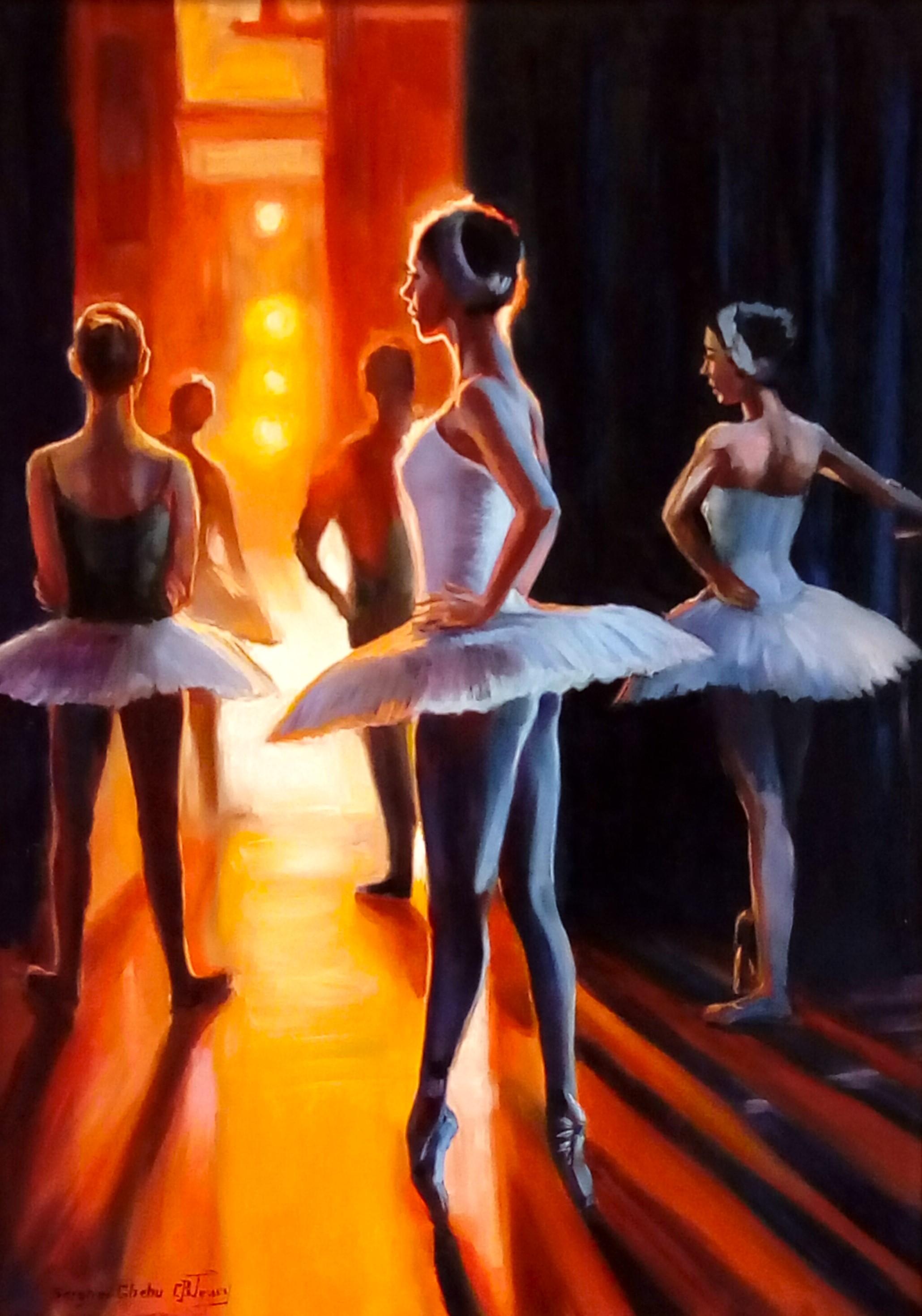Ballet dancers.
A very energetic image with beautiful light in the depth of the scene.
The picture is painted in oil pastel technique on canvas. Signed in the lower left corner.
It has a stylized wooden frame. Ready to hang.

Serghei Ghetiu was born