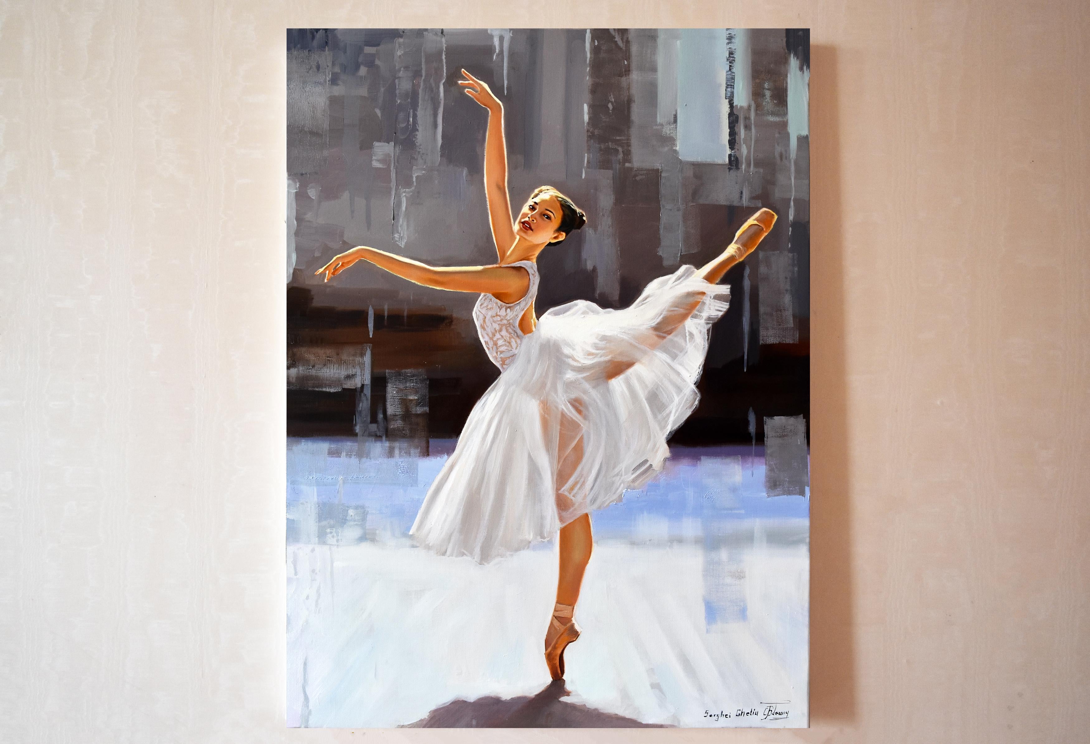 In questo dipinto ho cercato di catturare la bellezza eterea e la grazia dinamica di una ballerina in movimento. Utilizzando colori a olio, ho reso meticolosamente la fluidità del suo vestito e il portamento espressivo della sua posa su uno sfondo