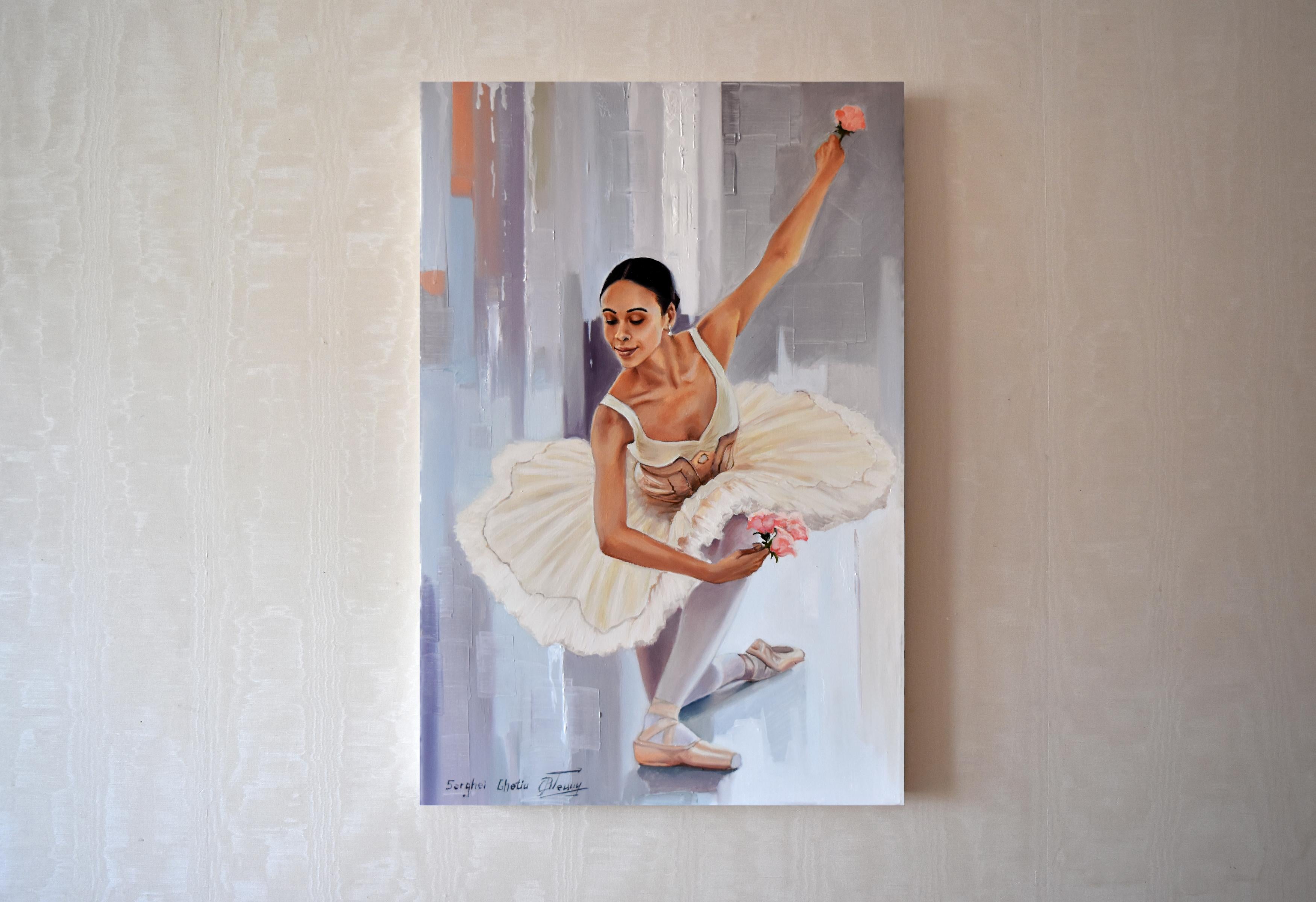 Tanzen mit Blumen (Grau), Figurative Painting, von Serghei Ghetiu