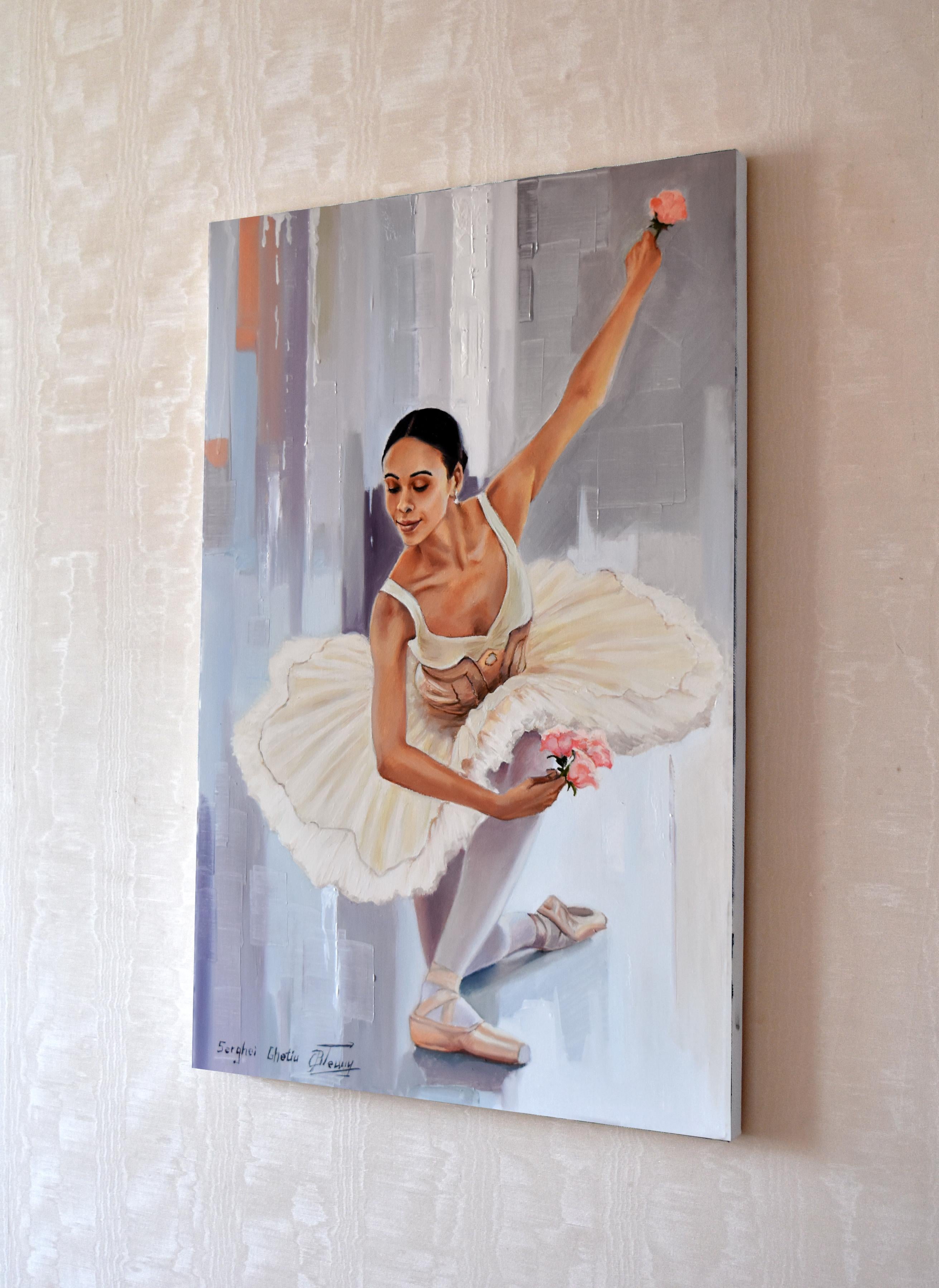 In diesem Gemälde habe ich die zarte Anmut einer Ballerina eingefangen, die mit Blumen tanzt, und dabei Realismus mit impressionistischer Zartheit vermischt. Mit Ölstrichen drückte ich ihre Eleganz und die ruhige Konzentration aus, die ihre Kunst