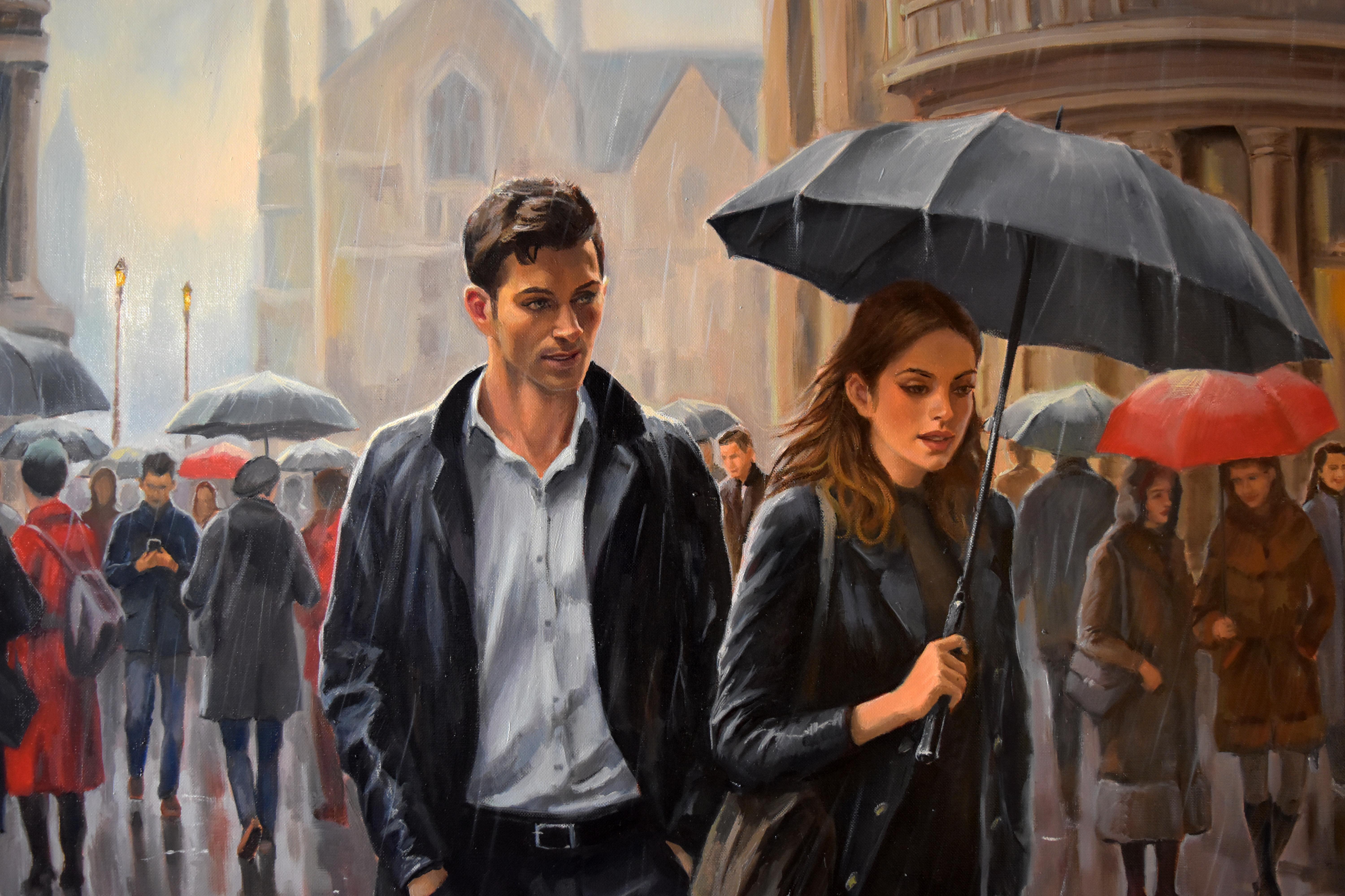 Dating in the rain - Realist Painting by Serghei Ghetiu