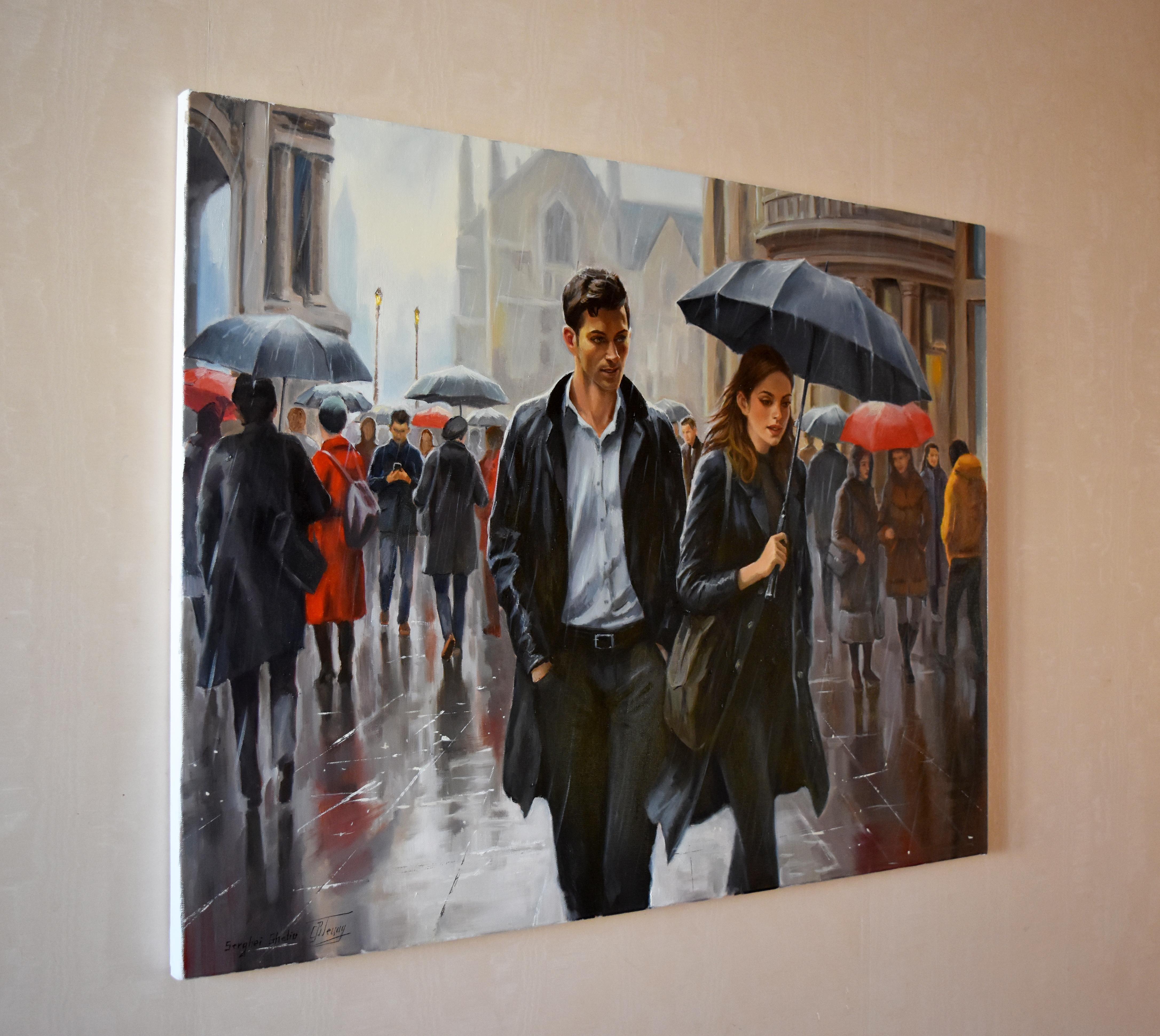 A young man hurries after a beautiful young woman, wanting to meet her, despite the rain and bad weather. Maybe this is fate and love for life, and nothing will stop him. A large detailed artwork with an interesting story. High quality oil paints on