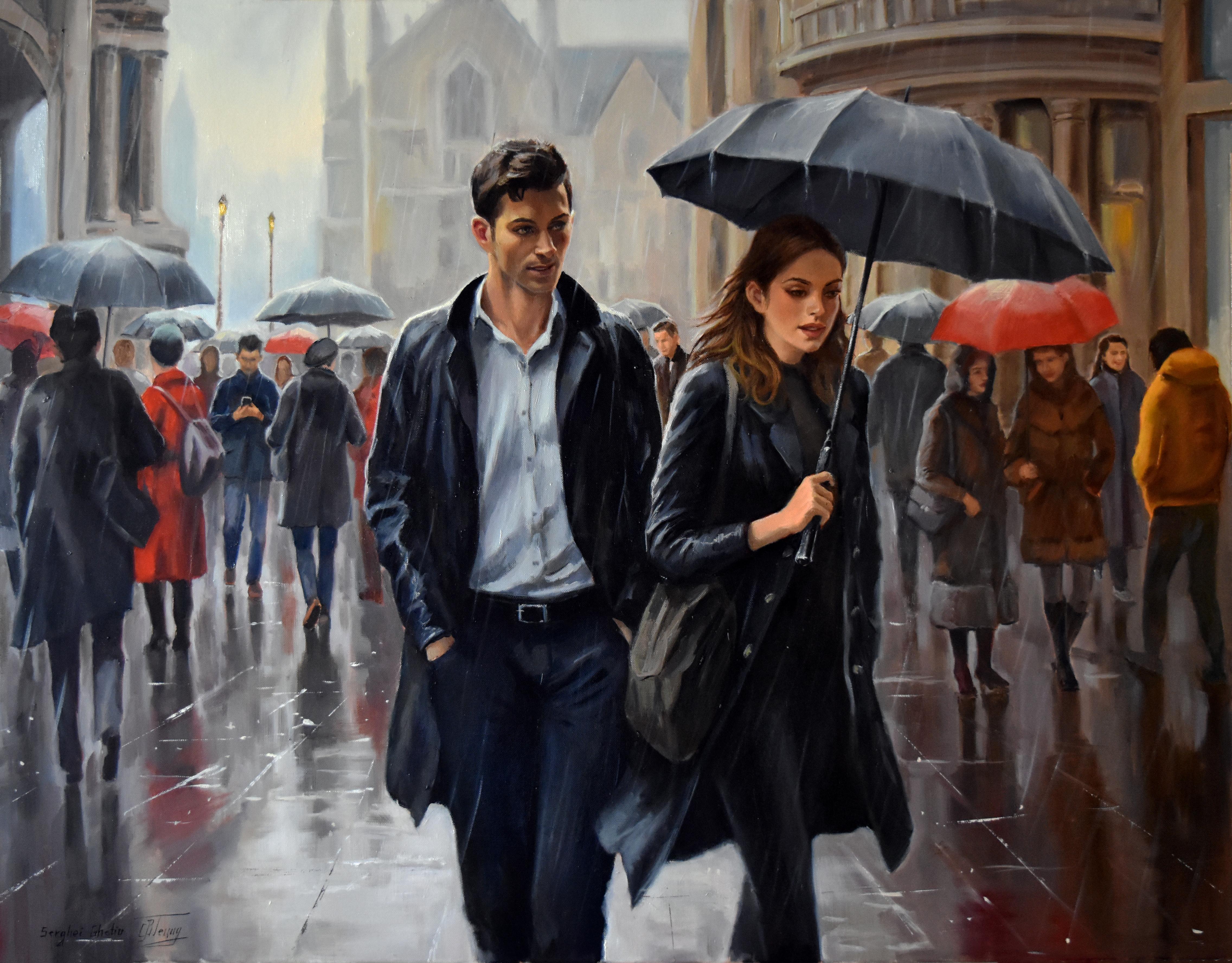 Serghei Ghetiu Figurative Painting - Dating in the rain