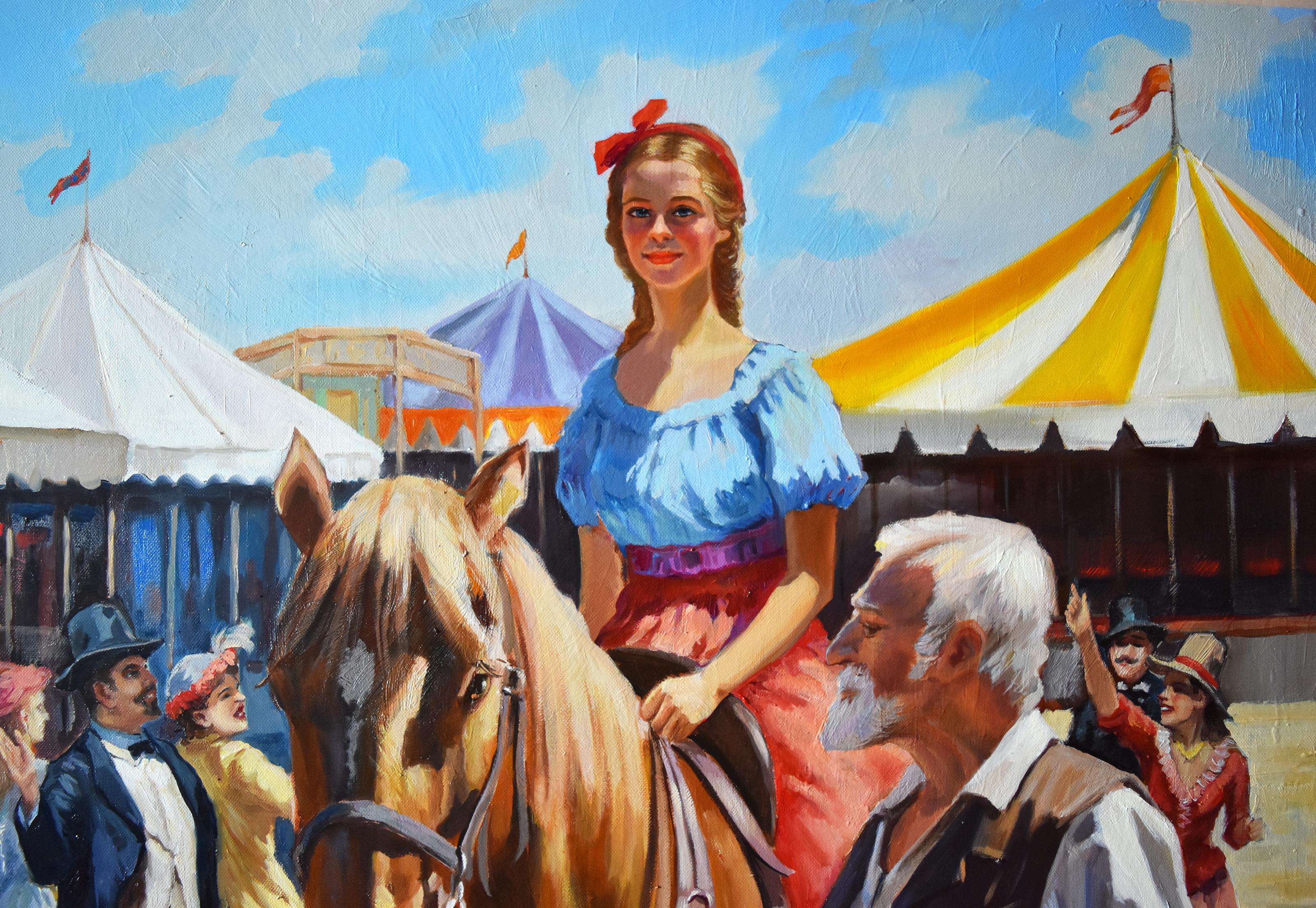 In diesem Ölgemälde habe ich versucht, eine lebhafte, geschäftige Szene aus einer Zirkusstadt einzufangen. Das warme Sonnenlicht taucht die Figuren - Liebhaber der darstellenden Künste und das prächtige Pferd - in die lebendige Kulisse des