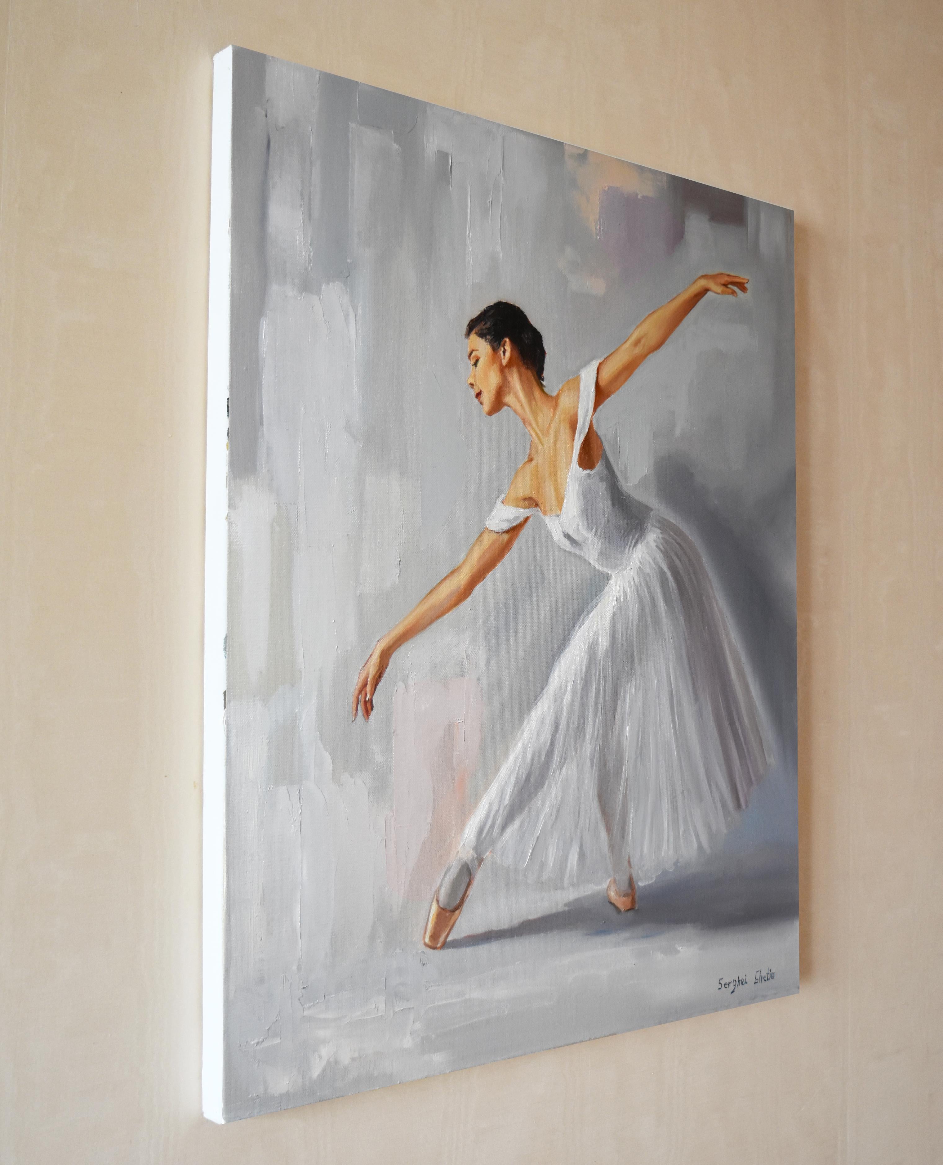 In this painting, I've captured the essence of movement and emotion through the graceful posture of a ballerina in mid-dance. The play of light and shadow across her form, rendered in oil, enhances her ethereal, almost floating presence. Each stroke