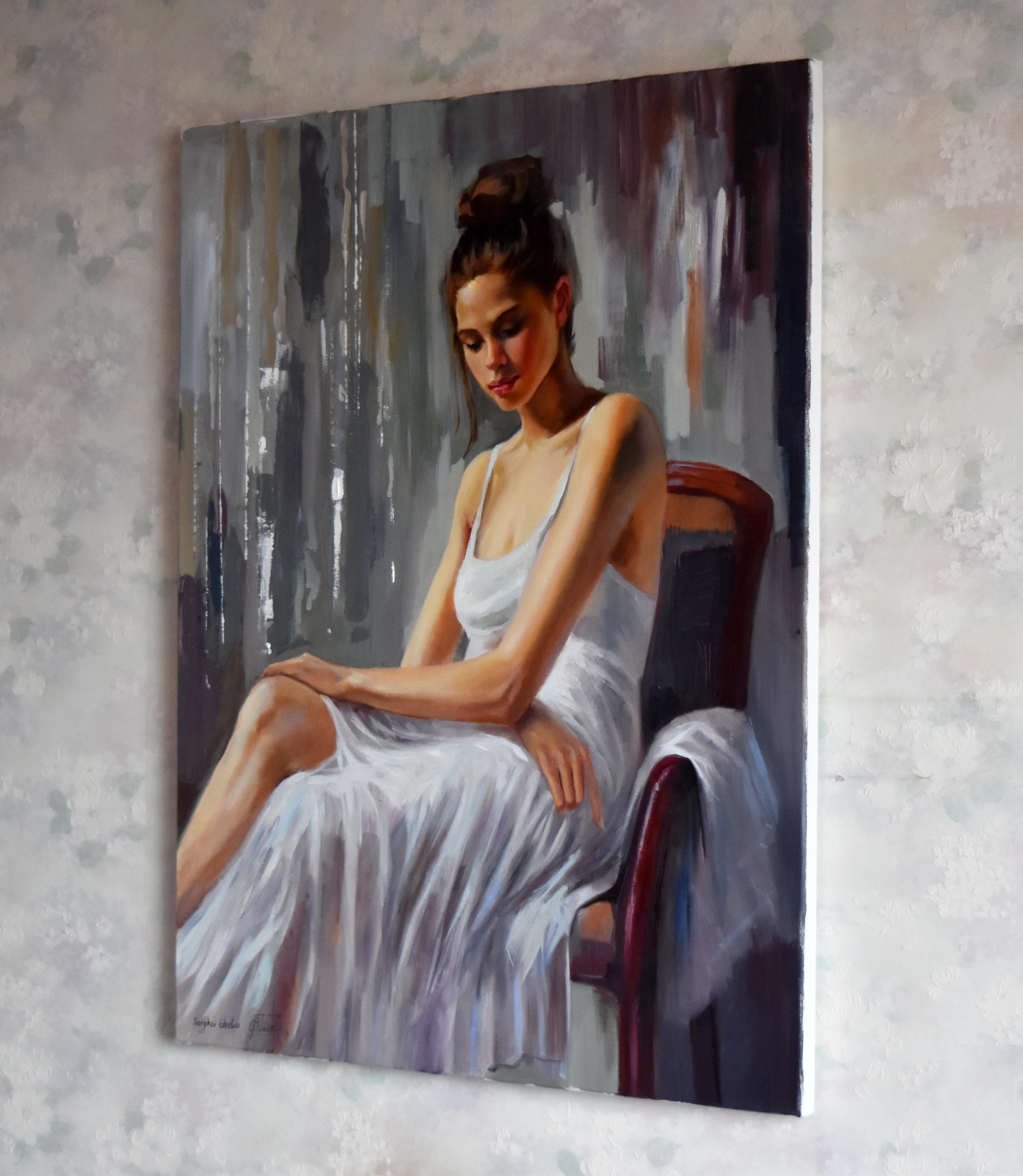 Ritratto romantico e impressionistico di una ballerina. Opera d'arte originale di una ballerina di danza classica, ritratto contemporaneo. Colori a olio professionali su tela di lino.