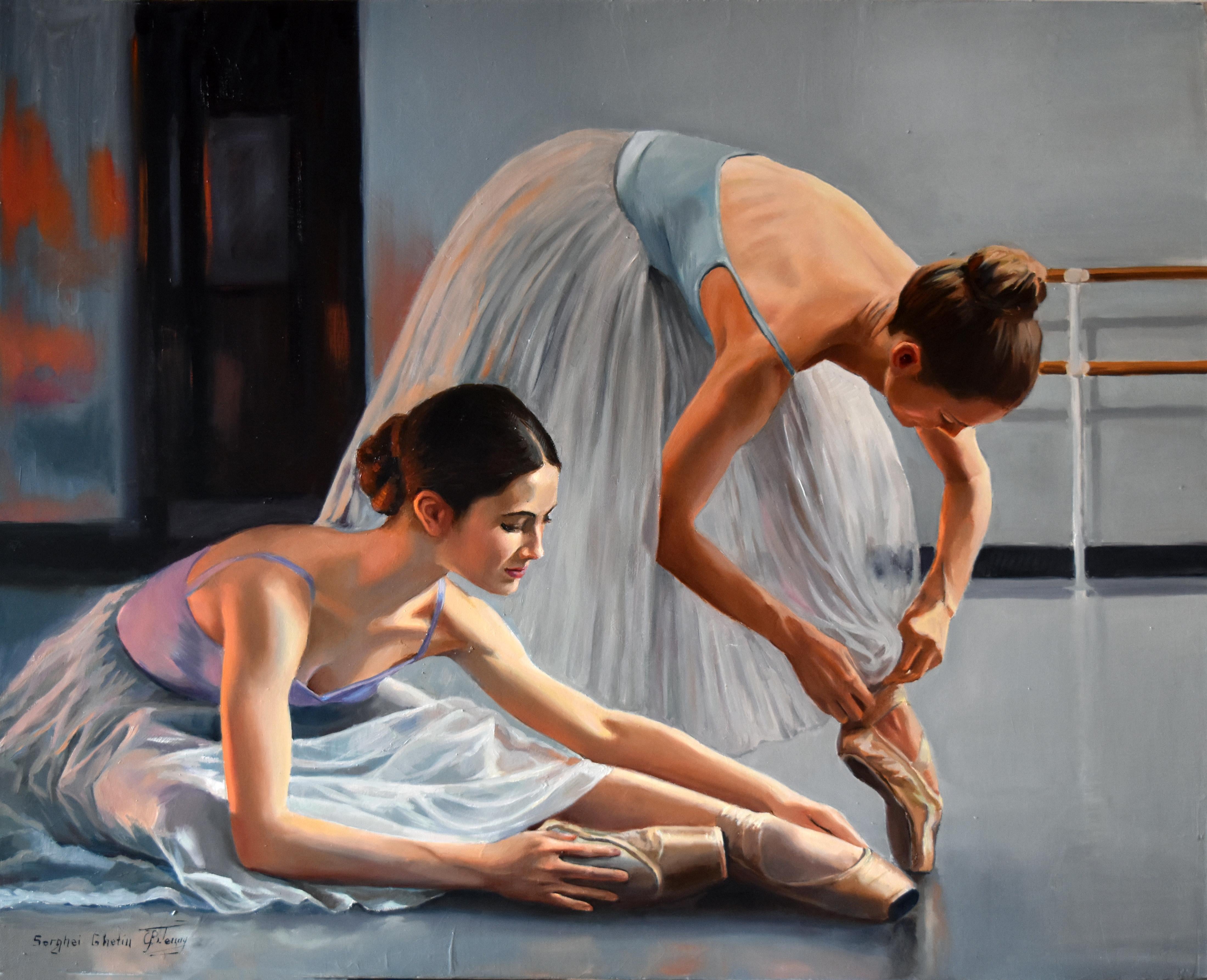 Prepararsi alle lezioni di danza classica - Figurative Painting Grigio di Serghei Ghetiu
