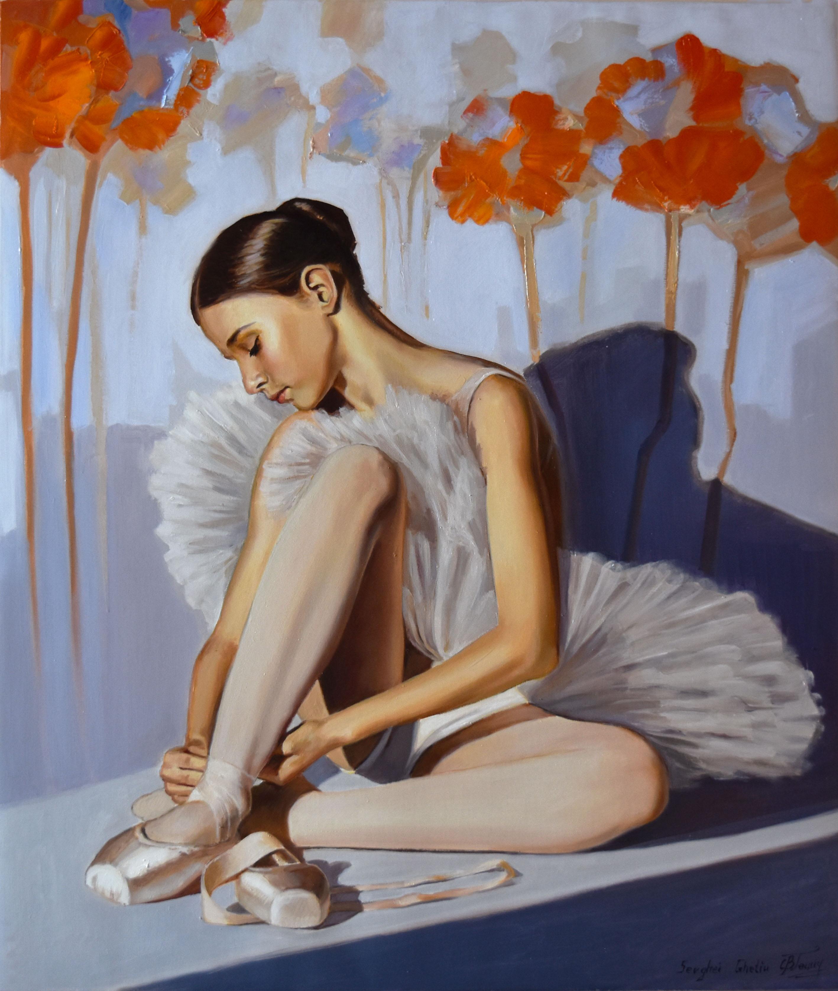 In this painting, I captured the quiet, tender moment before a performance—full of anticipation and delicate focus. The soft glow highlights her grace and determination, while the vibrant orange flowers behind add energy and contrast. My intention