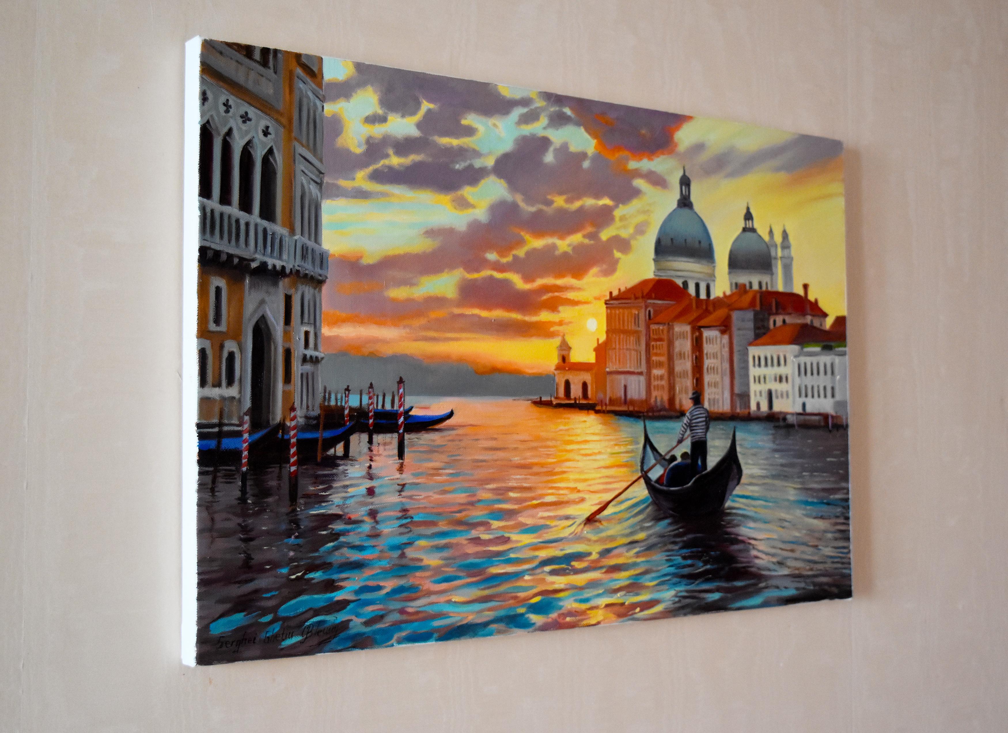 Puesta de sol en Venecia - Landscape Painting Marrón de Serghei Ghetiu