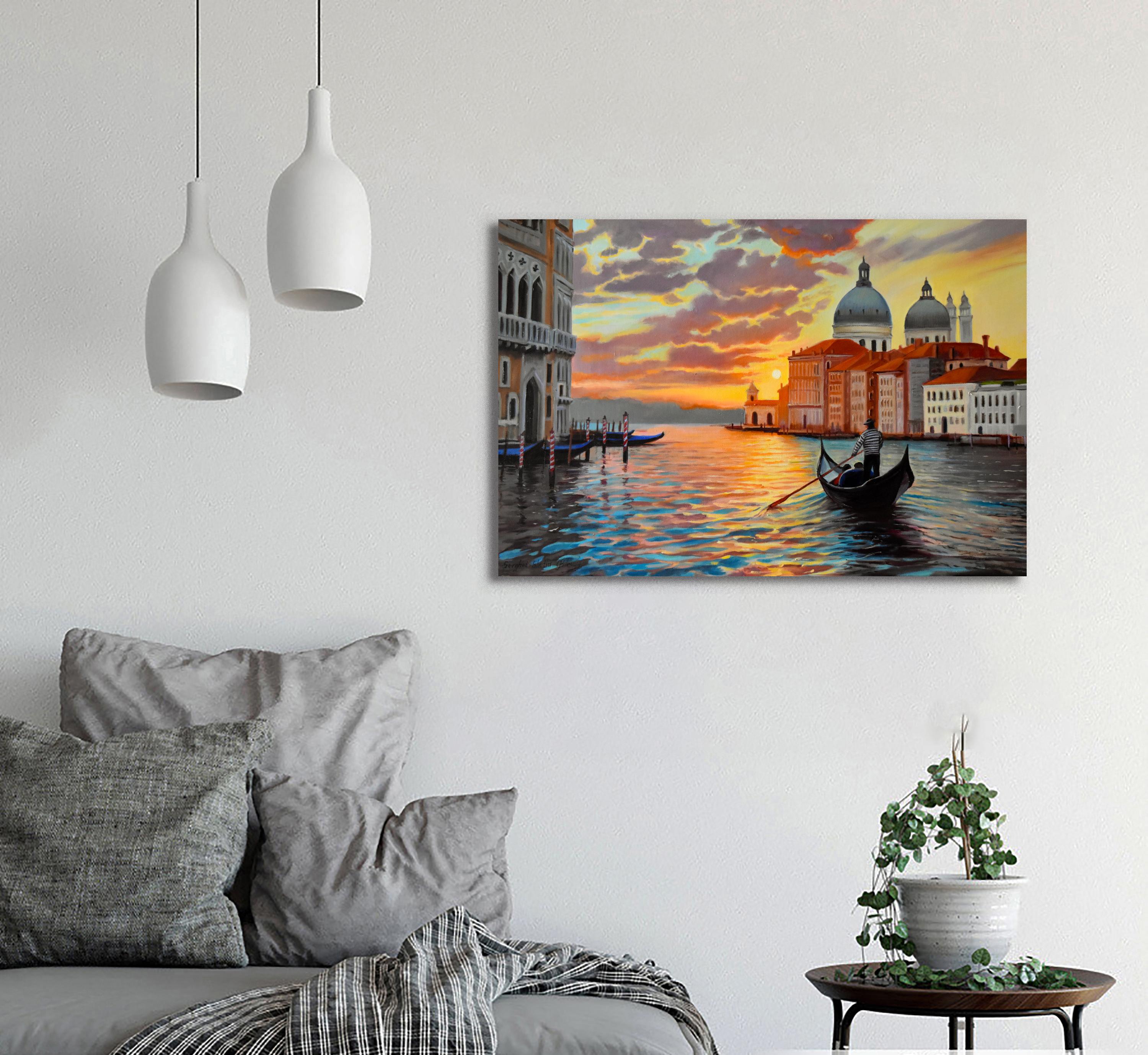 En este cuadro, capté la energía tranquila pero vibrante de una puesta de sol veneciana. Un hermoso paisaje urbano de Venecia. El sol se pone y la ciudad de góndolas y canales, de romántica arquitectura antigua, se cubre de luz anaranjada. Hermoso