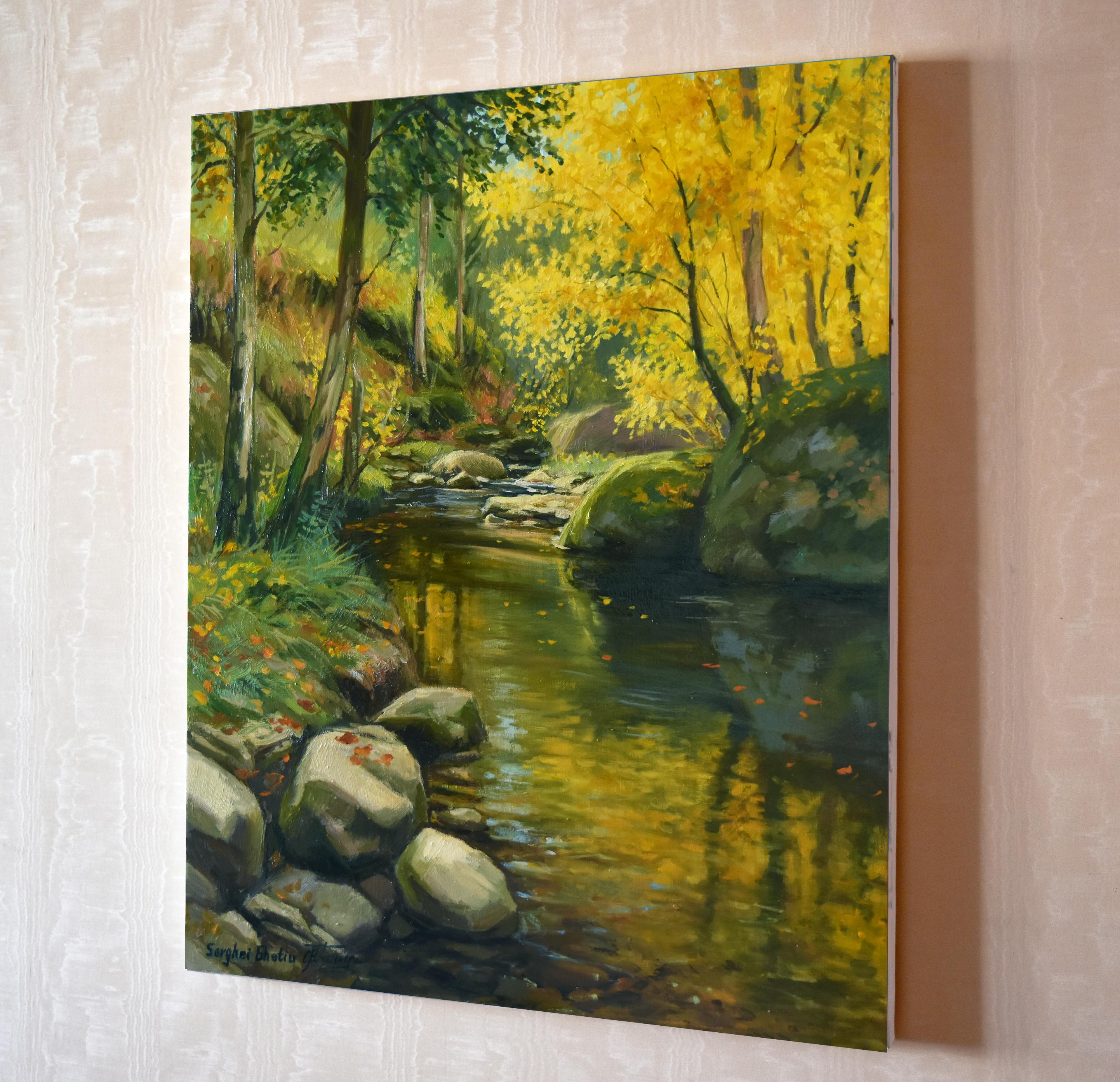 In this painting, I aimed to capture the ephemeral beauty of an autumn forest, blending Impressionist touches with Realist detail. I portrayed the vibrant golds and muted greens of the trees reflecting in the tranquil river waters, invoking a sense