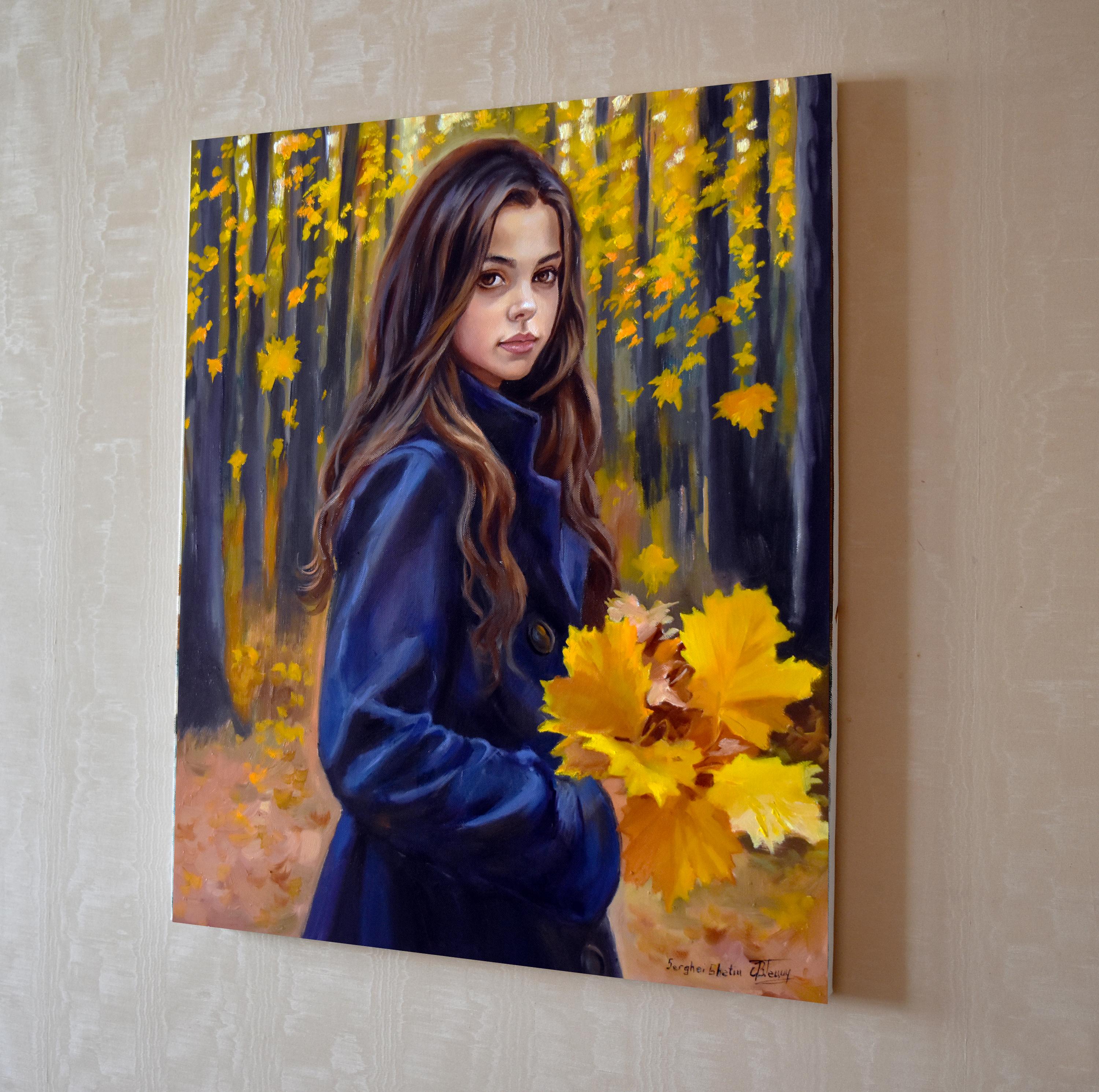 En este óleo, intenté captar la tranquila melancolía y la belleza reflexiva del otoño a través de los ojos conmovedores de una joven envuelta en un abrigo azul oscuro. Su mirada, entrelazada con los tonos dorados de las hojas caídas que sostiene,