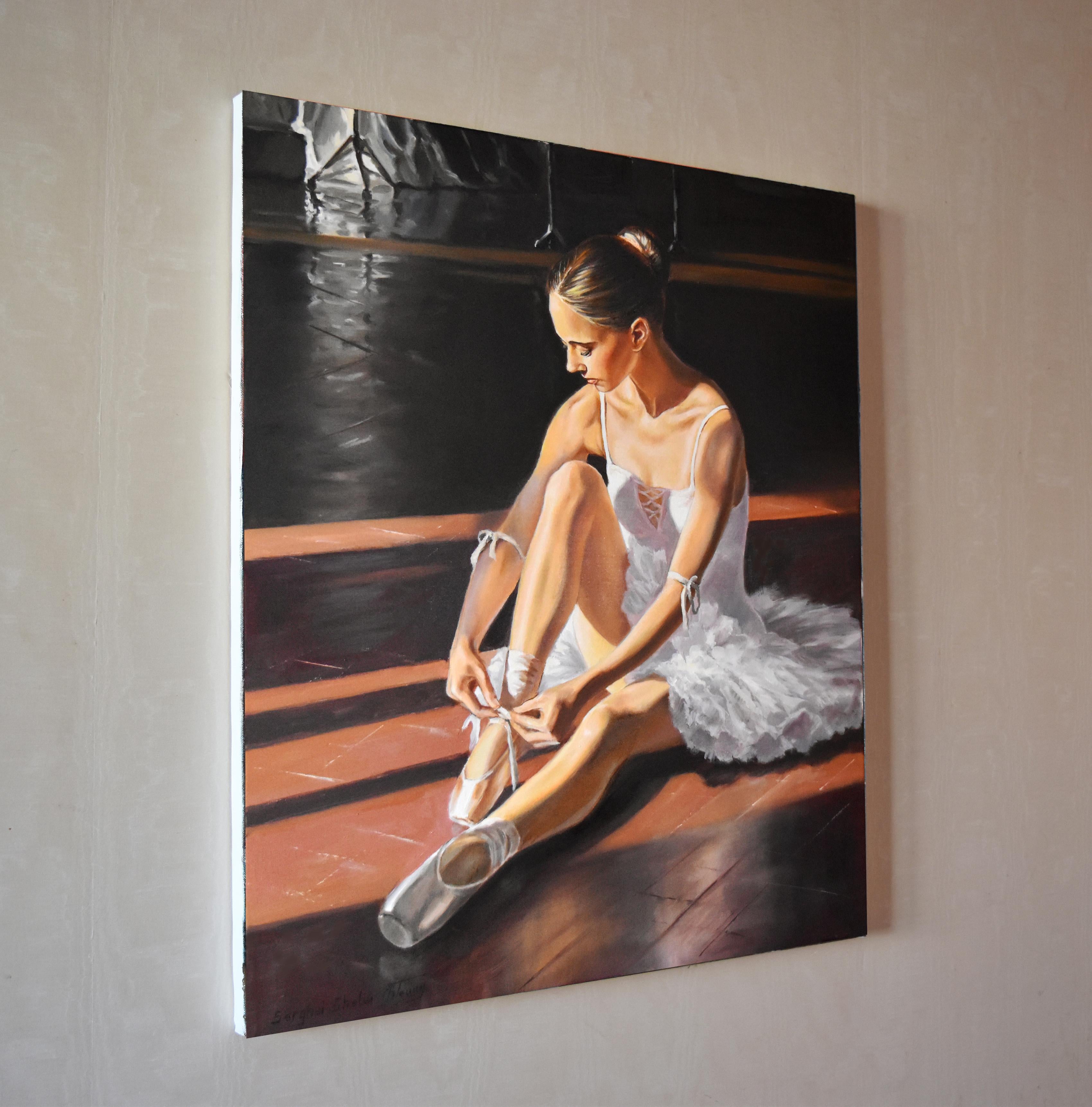 In this painting, I captured the quiet moment of focus and grace before a performance, using soft light to highlight her delicate form and dedication. The emotions of anticipation and calm are woven into every brushstroke, inviting the viewer to