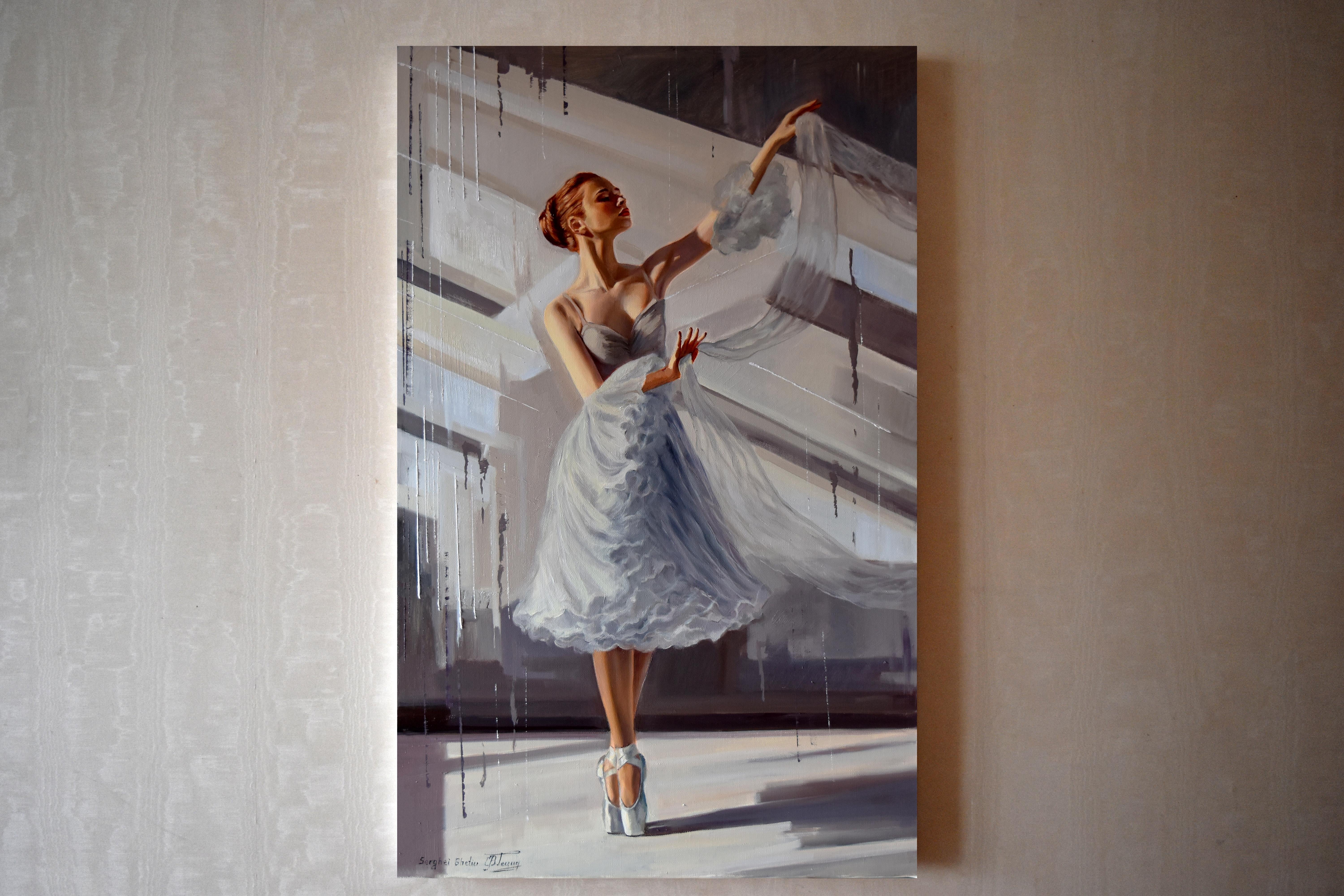A continuation of the ballet topic. A beautiful ballerina in a dance moving. Realistic contemporary art with dancing ballerina. Combination of oil paints with acrylic underpainting. Professional paints on linen canvas.
