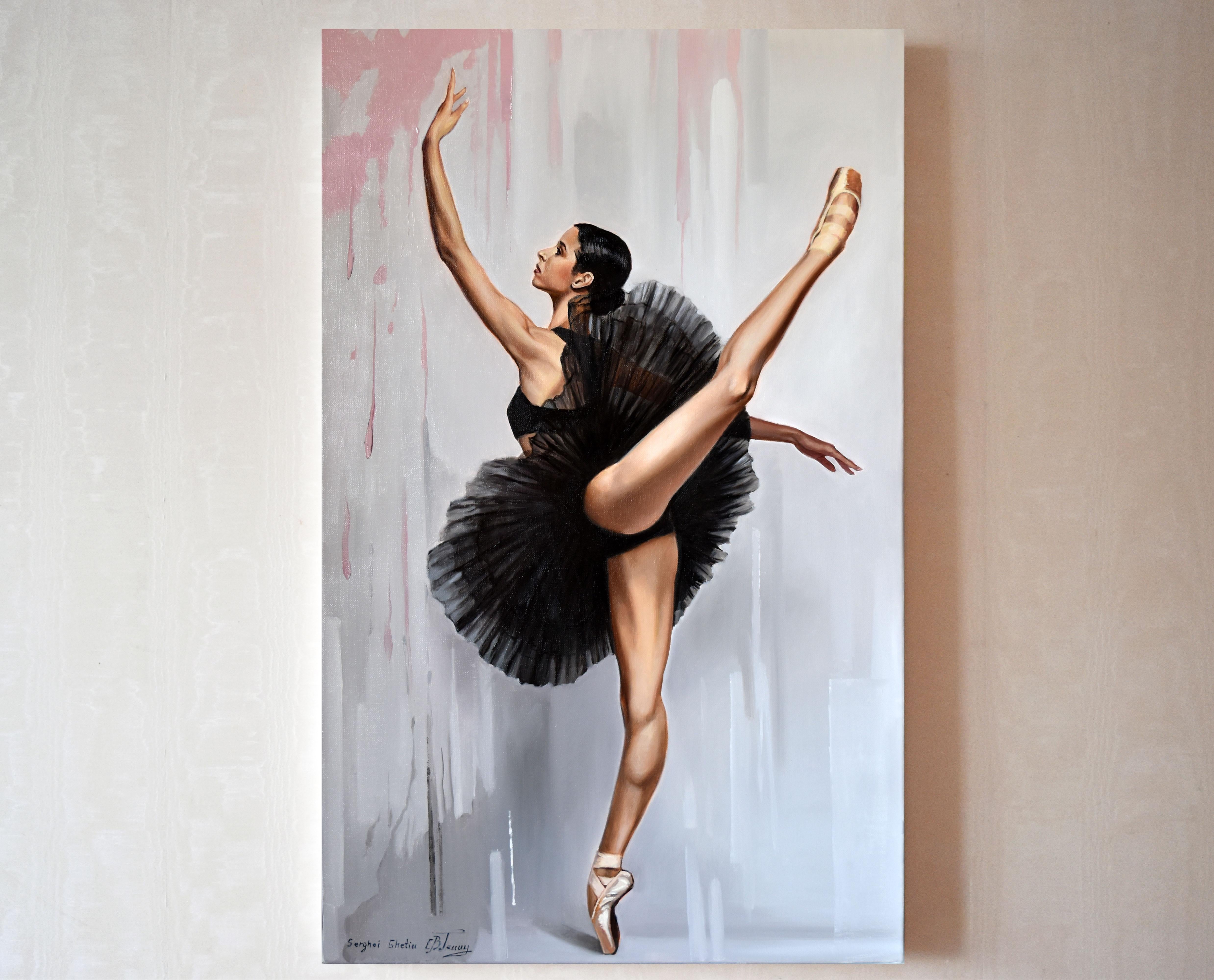 A continuation of the ballet topic. A beautiful ballerina in a dance moving. Realistic contemporary art with dancing ballerina. You can see also the beginning of the painting with grisaille drawing. Then come the colour layers after the