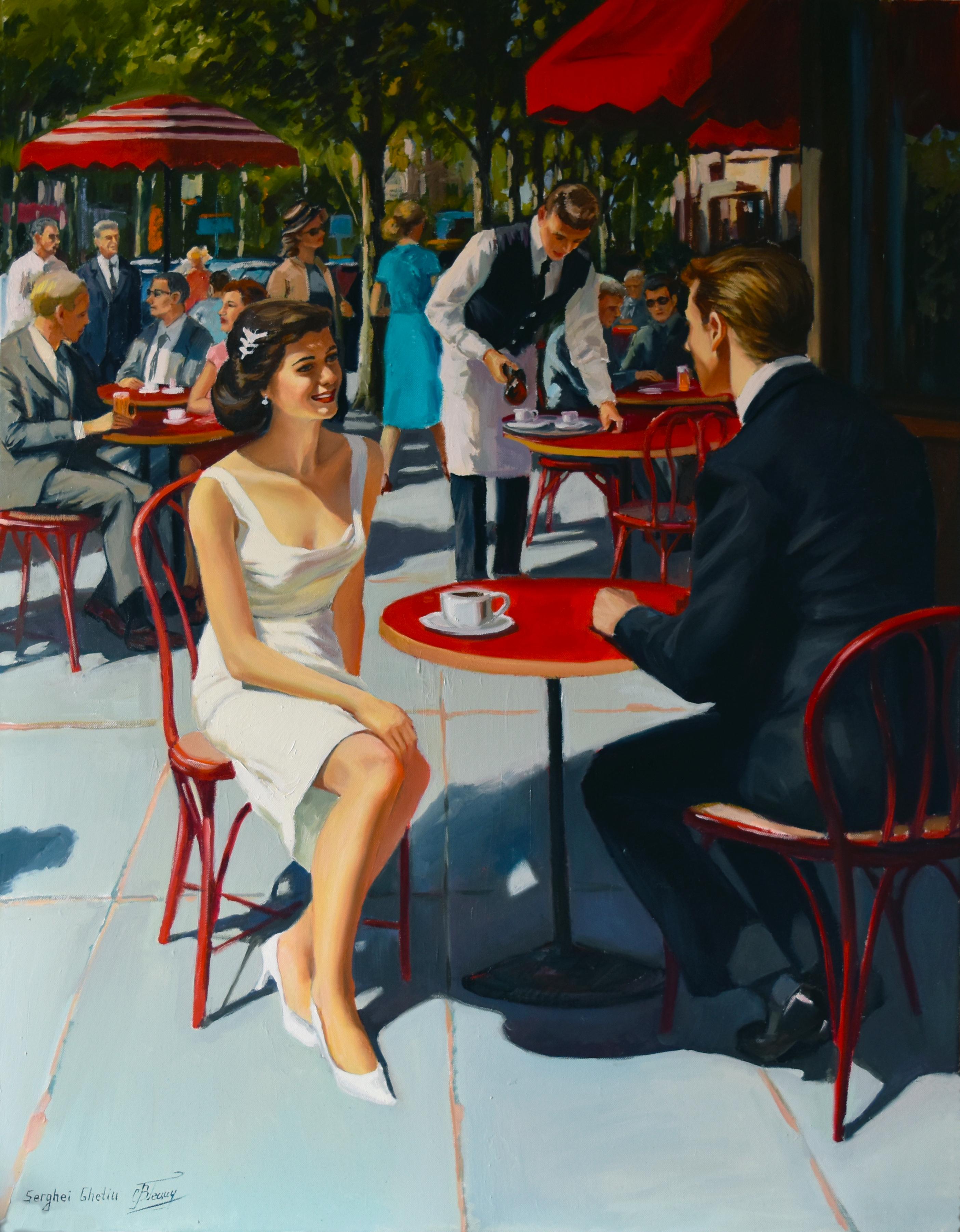 In this painting, I sought to capture the effervescent charm of a timeless outdoor café scene, infused with a warm and dynamic play of light. My use of oils allowed me to richly layer colours and textures, creating depth and liveliness. Here, a
