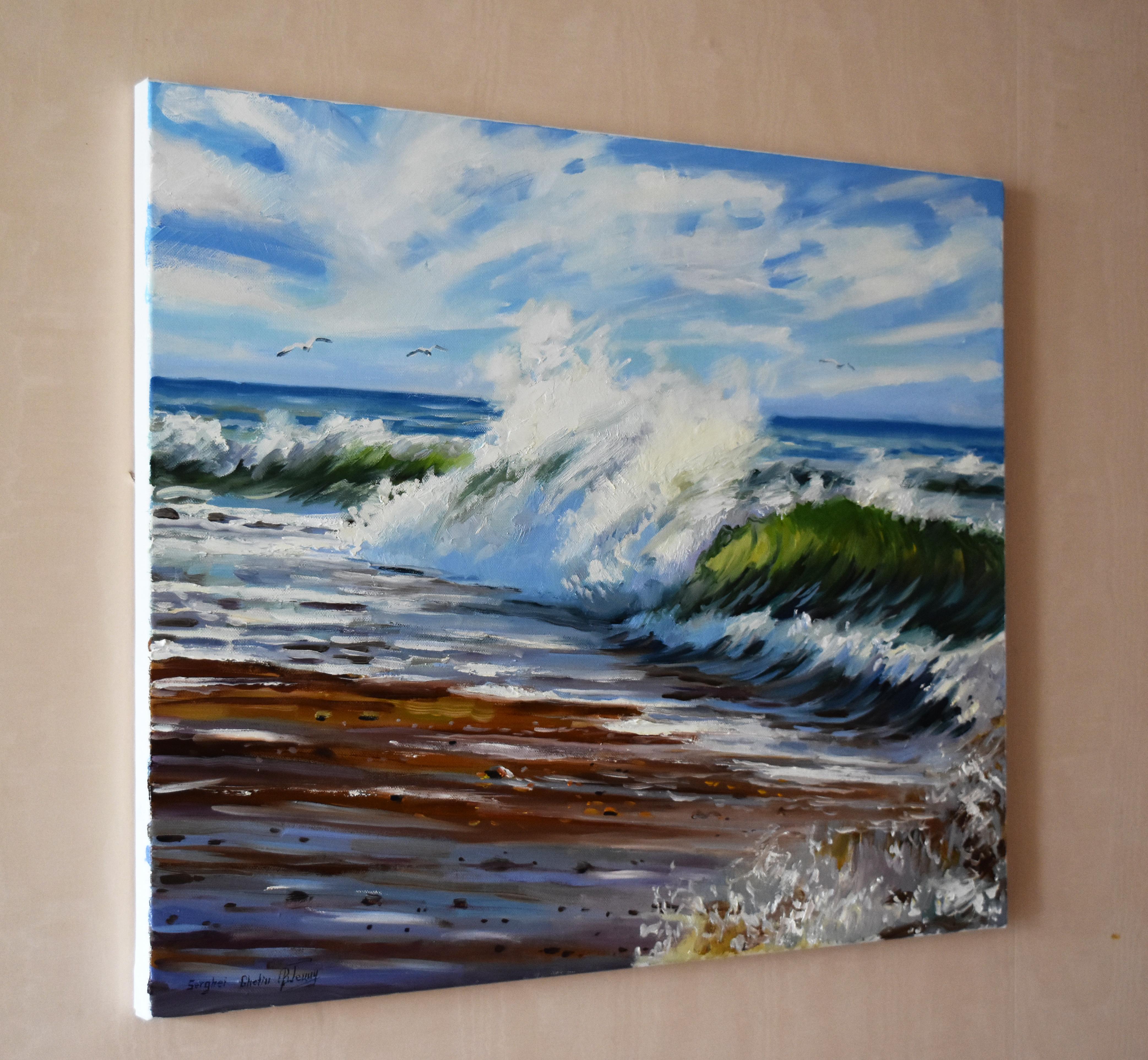 A beautiful impressionistic seascape with crushing waves. Just sit and watch this miracle of nature. Professional paints on linen canvas. For lovers of fresh sea wind and waves.