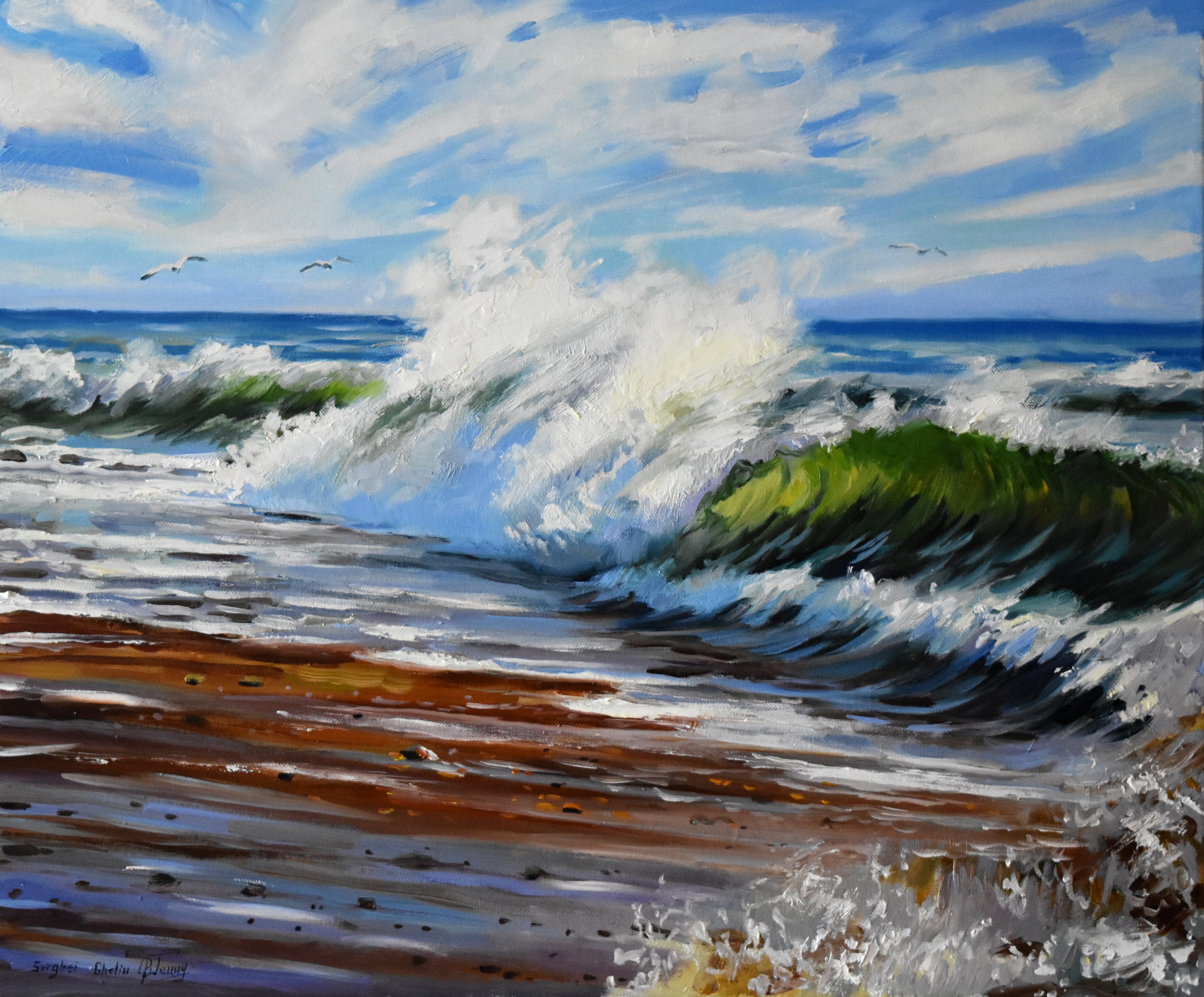 Serghei Ghetiu Landscape Painting - The crazy stormy sea