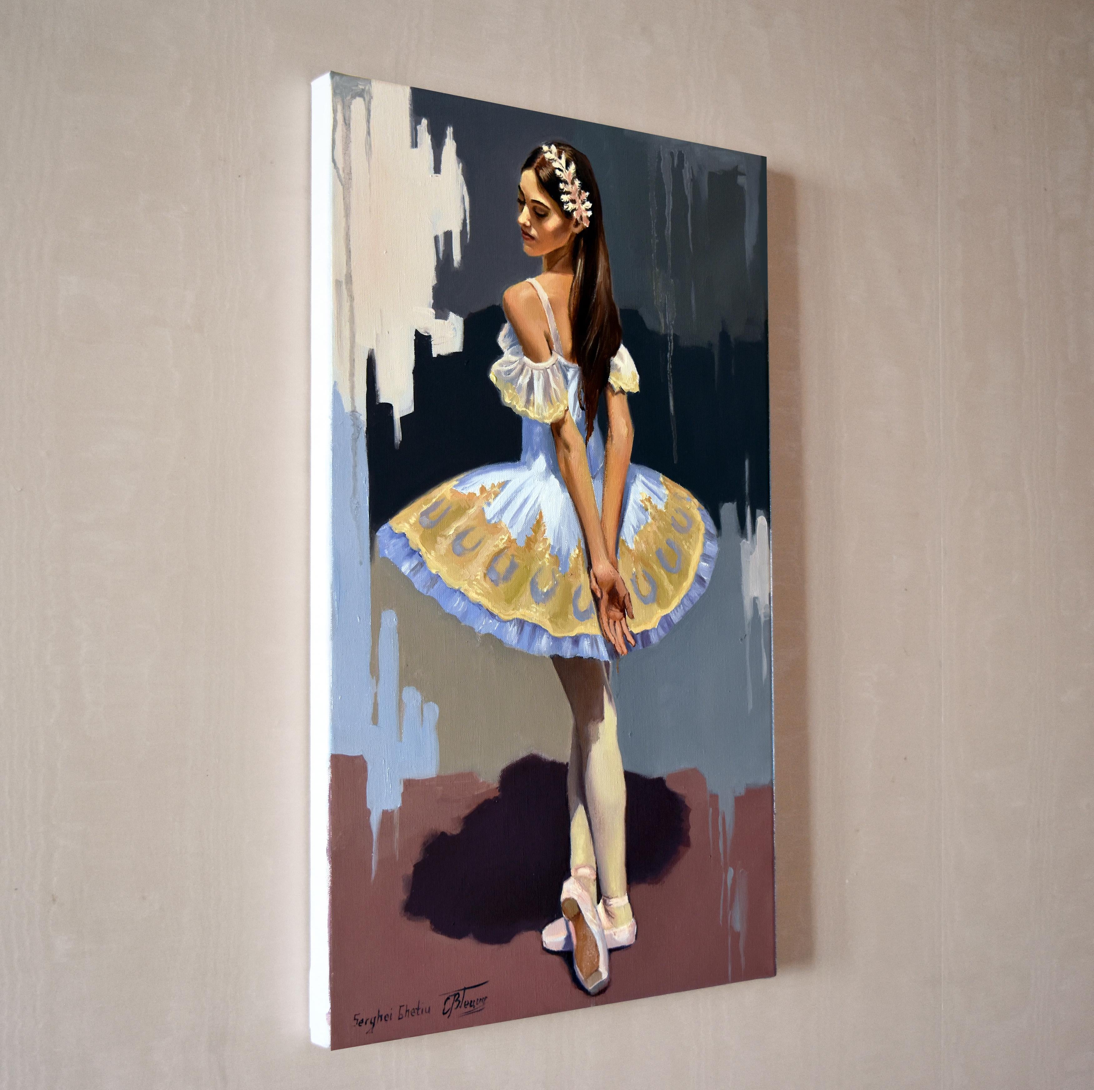 En este óleo, he intentado captar el sereno aplomo de una bailarina, un momento silencioso de reflexión en medio del dinamismo de su mundo. Utilicé una paleta que contrasta la calidez de su traje con sombras de fondo frías y abstractas, realzando su